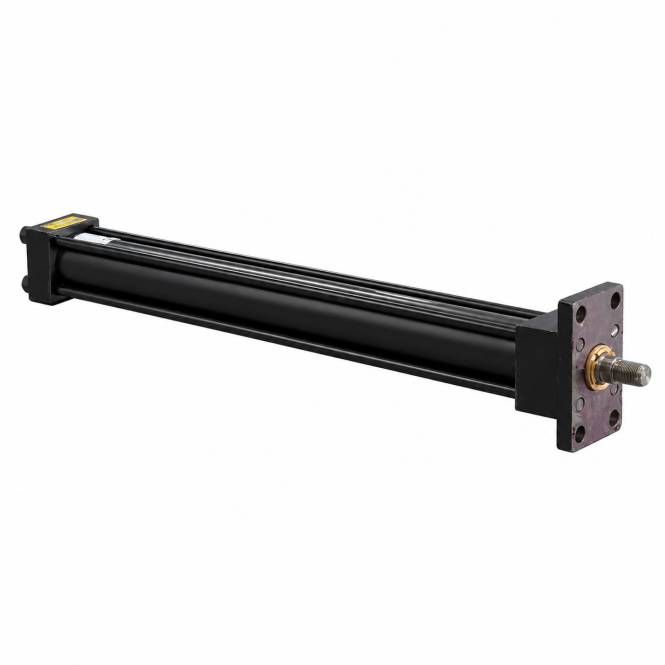 Schwarzer Hydraulikzylinder mit ausgefahrener Stange und Befestigungsflansch, dargestellt vor einem einfachen weißen Hintergrund.