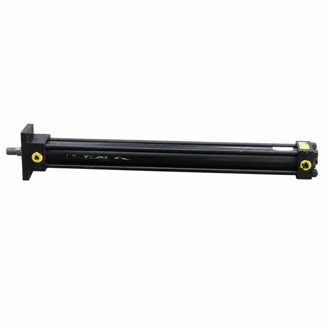Schwarzer zylindrischer Maschinenantrieb oder Hydraulikzylinder mit Befestigungswinkeln und gelben Anschlüssen auf weißem Hintergrund.