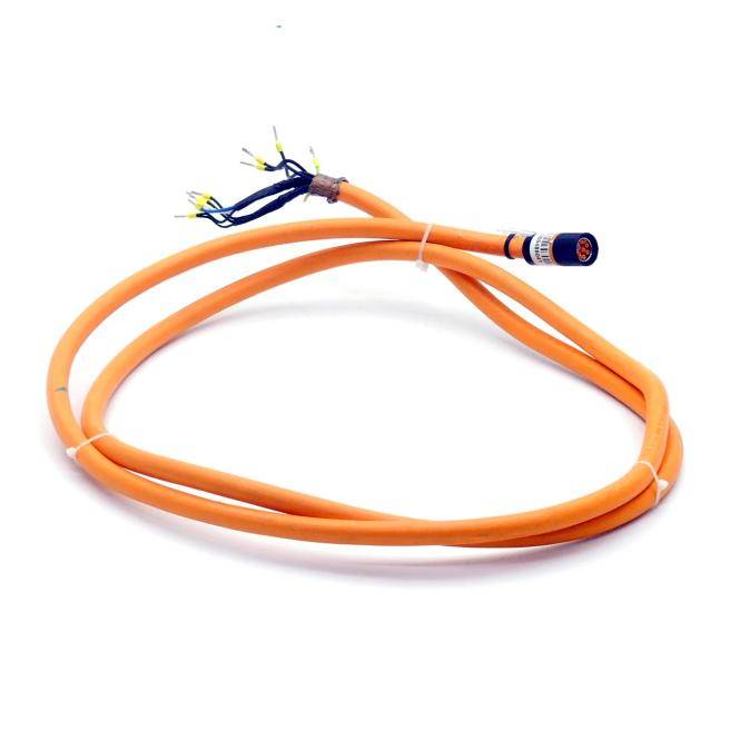 Orangefarbige mehradrige Elektrokabelrolle mit freiliegenden blauen und gelben Drähten an einem Ende und einem Stecker am anderen Ende, isoliert auf weißem Hintergrund.