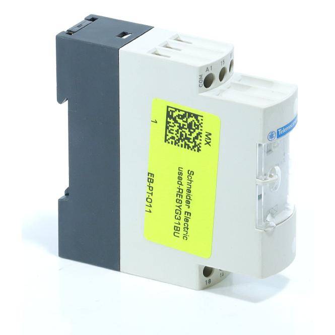 Schneider Electric modulares elektrisches Relais oder Leistungsschalter mit gelbem Erkennungsetikett, abgebildet auf weißem Hintergrund.