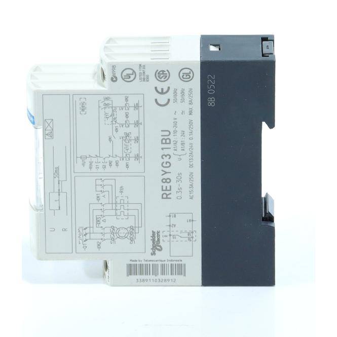 Ein Schneider Electric Elektrorelaismodul mit der Bezeichnung 'RE8YG13BU' mit Schaltplänen und technischen Markierungen.
