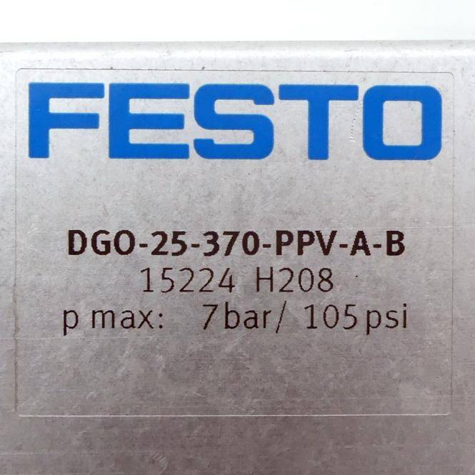 FESTO-Ausrüstungsetikett mit Modell DGO-25-370-PPV-A-B, Code 15224 H208 und Maximaldruck 7 bar/105 psi.
