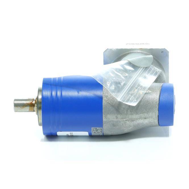 Blau-silberner zylindrischer Motor oder Aktuator mit hervorstehendem Metallschaft, gezeigt auf weißem Hintergrund mit angebrachter Schutzkunststoffverpackung.