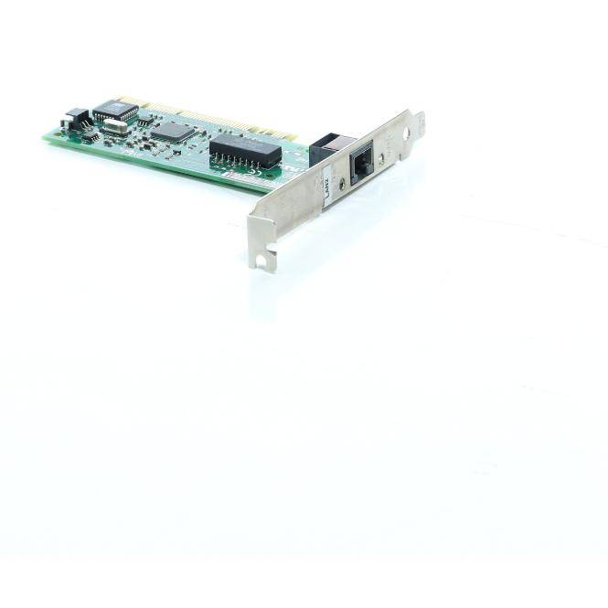 Ethernet-Netzwerkschnittstellenkarte mit einer Metallhalterung und einem einzelnen RJ45-Anschluss, dargestellt auf weißem Hintergrund.