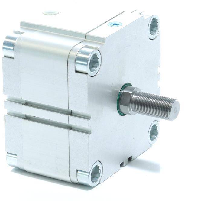 Metallischer pneumatischer Aktuator mit Gewindewelle, in Nahaufnahme auf weißem Hintergrund dargestellt.