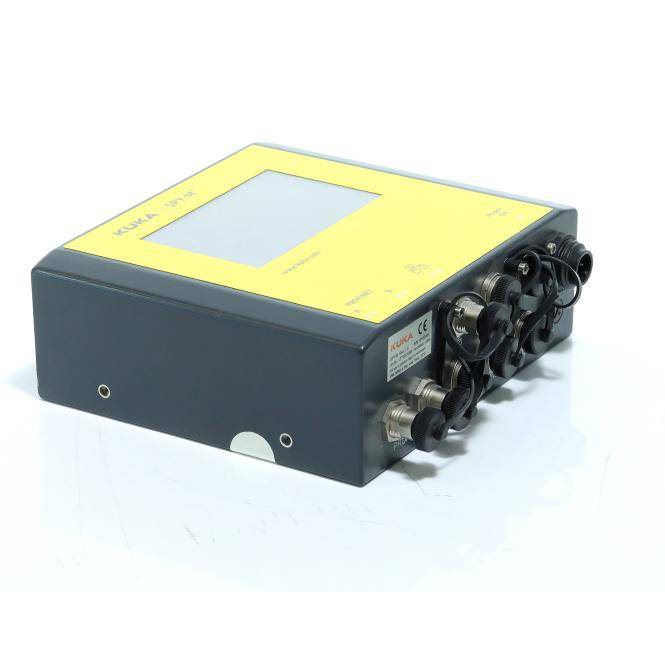 Elektronische Industriesteuerelement mit gelbem oberen Anzeigefeld und mehreren vorderen Kabelanschlüssen auf einem grauem Gehäuse.