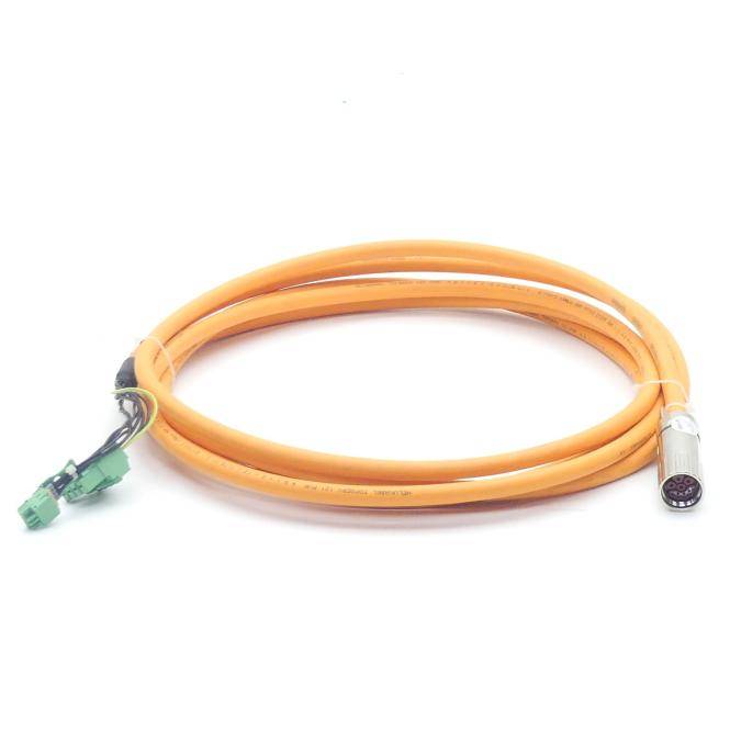 Aufgerolltes orangefarbenes Kabel mit grünem Stecker an einem Ende und einem runden Metallsensor oder Stecker am anderen Ende, freigestellt auf weißem Hintergrund.
