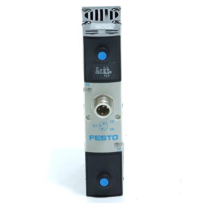 Vertikales Festo-Industriesensor- oder Ventilmodul mit zwei blauen Drucktasten und einem runden Stecker auf weißem Hintergrund.