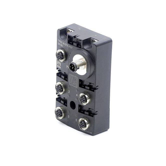 Schwarzes Industrie-Sensor-/Steckverbinder-Modul mit sechs kreisförmigen Anschlüssen und einem zentralen Gewindestecker, dargestellt auf weißem Hintergrund.