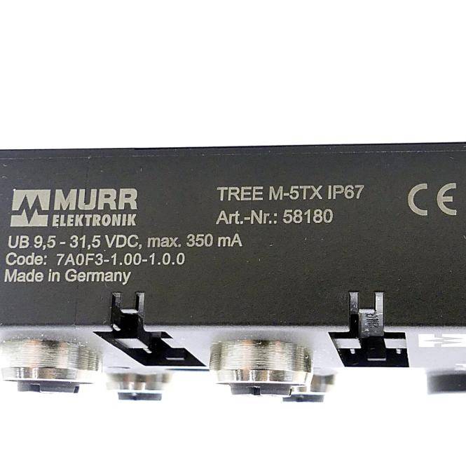 Nahaufnahme eines Murr Elektronik TREE M-5TX IP67 Industriegerät-Etiketts mit Modell Art.-Nr. 58180, 9,5–31,5 VDC, max 350 mA, hergestellt in Deutschland.