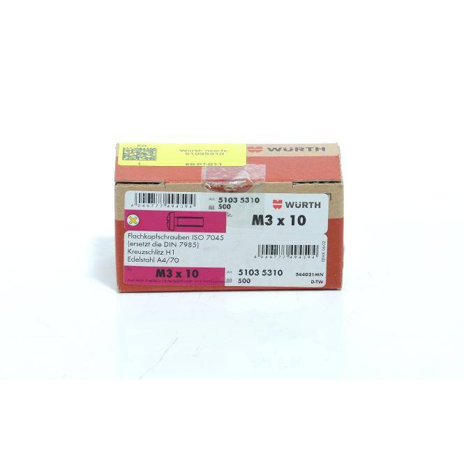 Würth-Kasten mit M3 x 10 Schrauben, gekennzeichnet mit Produktnummer 5103 5310 und deutschen Spezifikationen auf weißem Hintergrund.