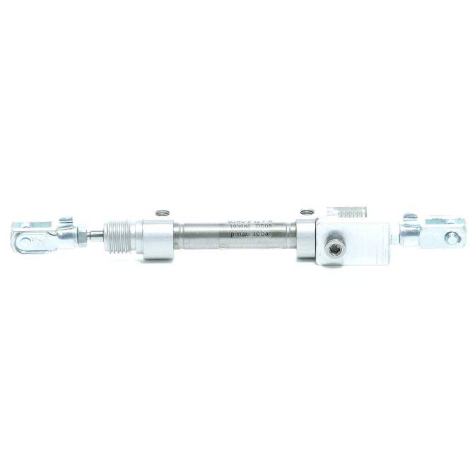 Metallischer Linearantrieb oder pneumatischer Zylinder mit Stangenendern, horizontal auf weißem Hintergrund dargestellt.