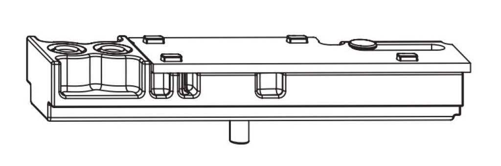 Linienzeichnung einer rechteckigen mechanischen Komponente mit einer kreisförmigen Aussparung und zwei kleinen Schlitzen auf der linken Seite, sowie Montageelementen und einem zentrierten unteren Bolzen.