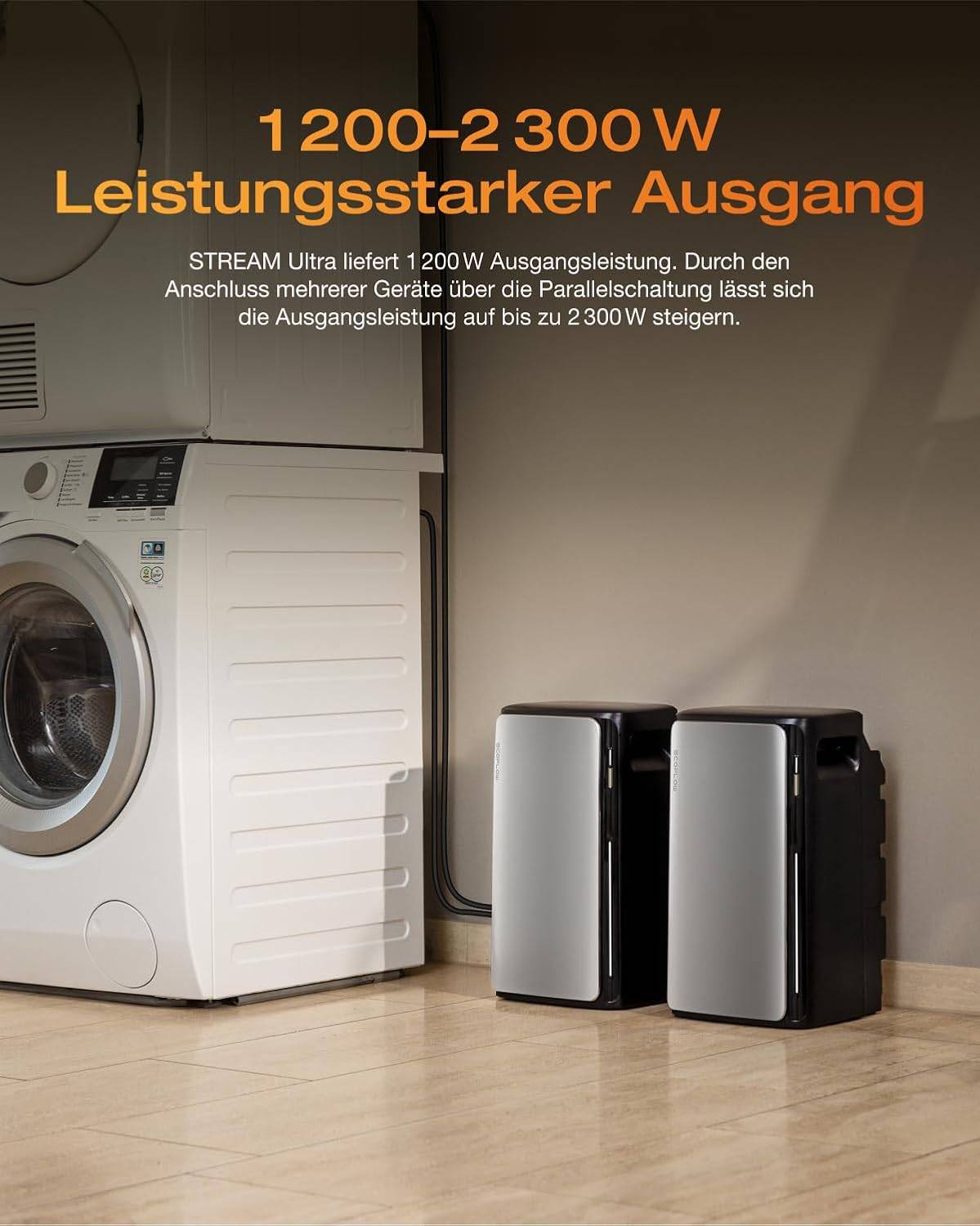 Zwei stapelbare Stromeinheiten neben einer Waschmaschine, mit deutschem Text, der eine Hochleistung von 1200-2300 W angibt und bis zu 2300 W bei Parallelschaltung.