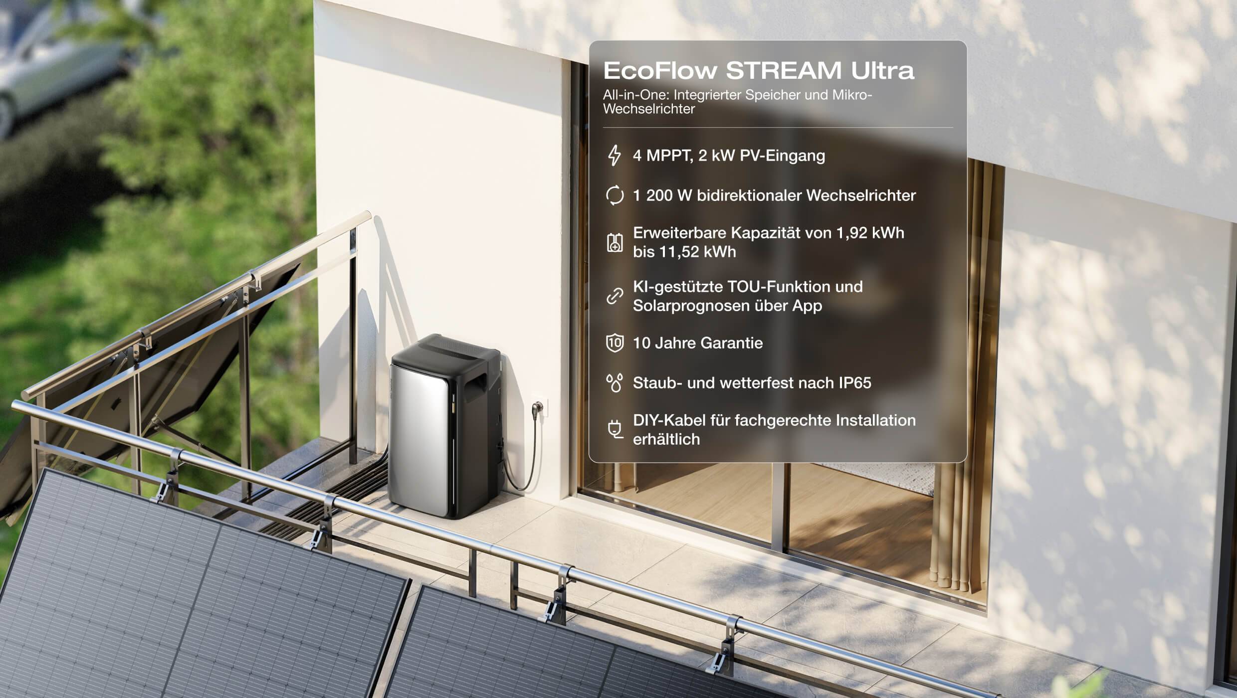 Werbebild eines EcoFlow STREAM Ultra Heimsolarenergiespeichersystems auf einem Balkon, mit deutscher Funktionsliste zeigt 4 MPPT, 2 kW Ausgang, 1.200 W Wechselrichter, 1,92 kWh erweiterbare Kapazität und 10 Jahre Garantie.