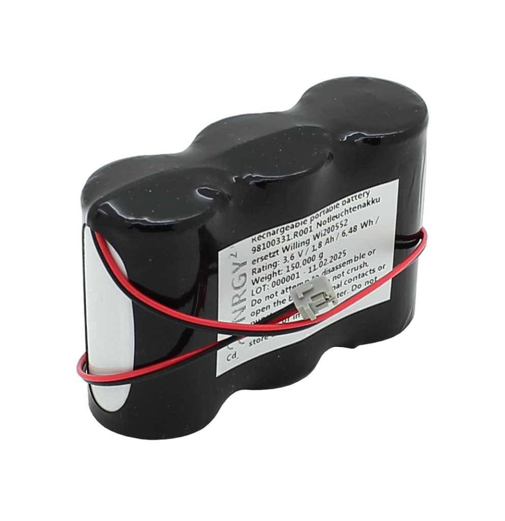 Schwarzes Dreizellen-Akkupack mit rotem Draht und Stecker, gekennzeichnet für 3,6 V 3000 mAh Verwendung.