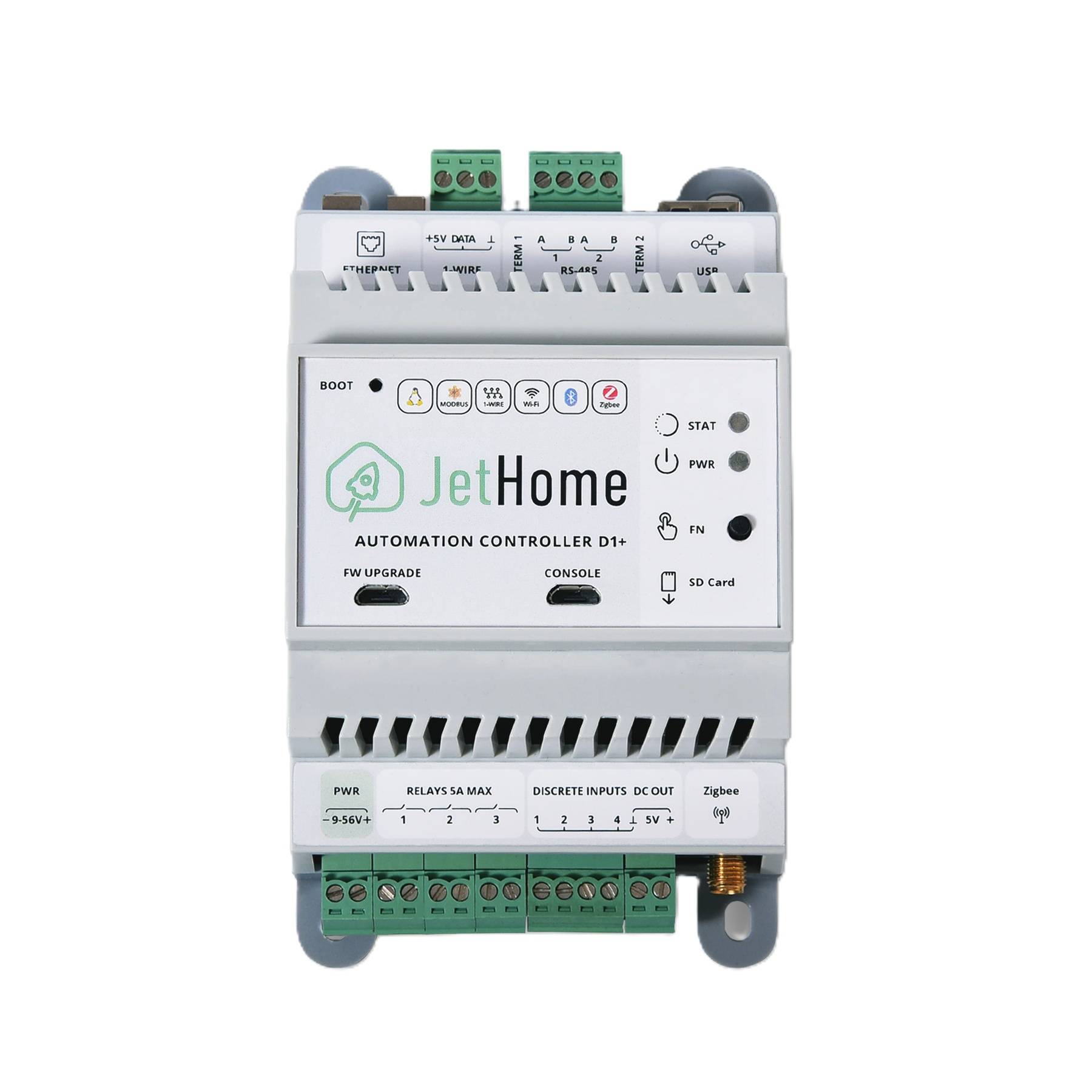 Vorderansicht eines JetHome-Automatisierungscontrollers D1+-Modul mit Ethernet-, USB-, SD-Karten-, Relais- und Eingabeanschlüssen sowie Statusleuchten.