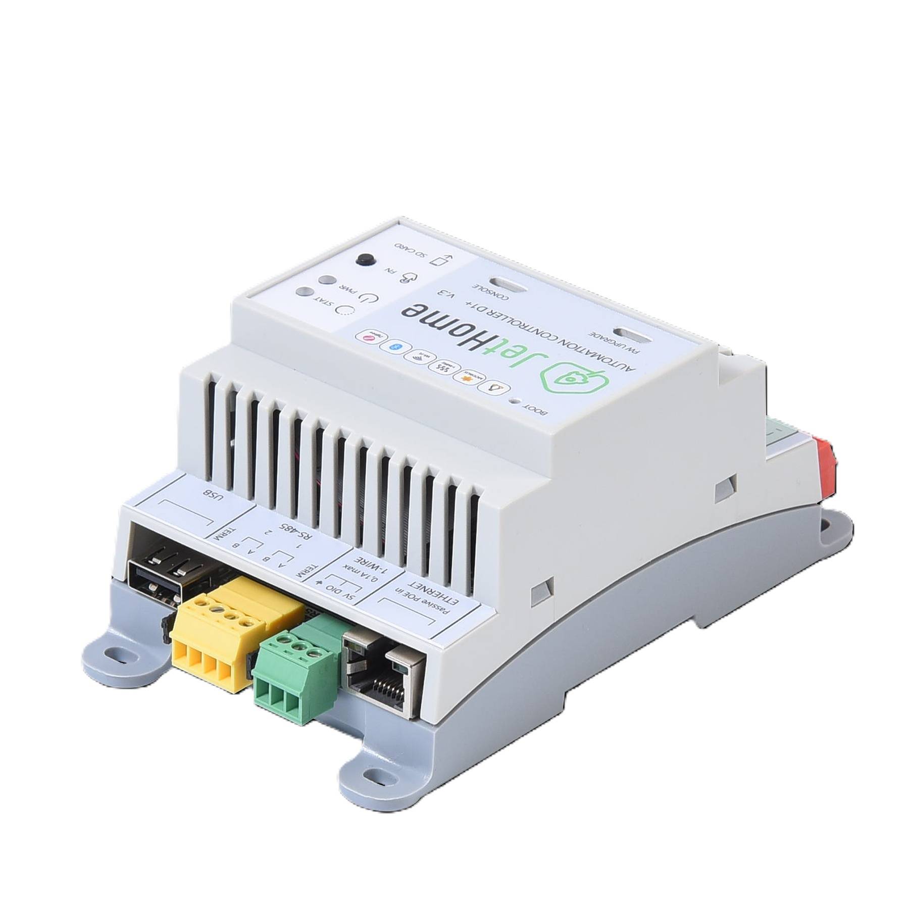 Weiße DIN-Schiene montierte industrielle Smart-Home-Controller-Modul mit Kühlungsöffnungen, Ethernet-Anschluss und farbigen Anschlussblöcken.