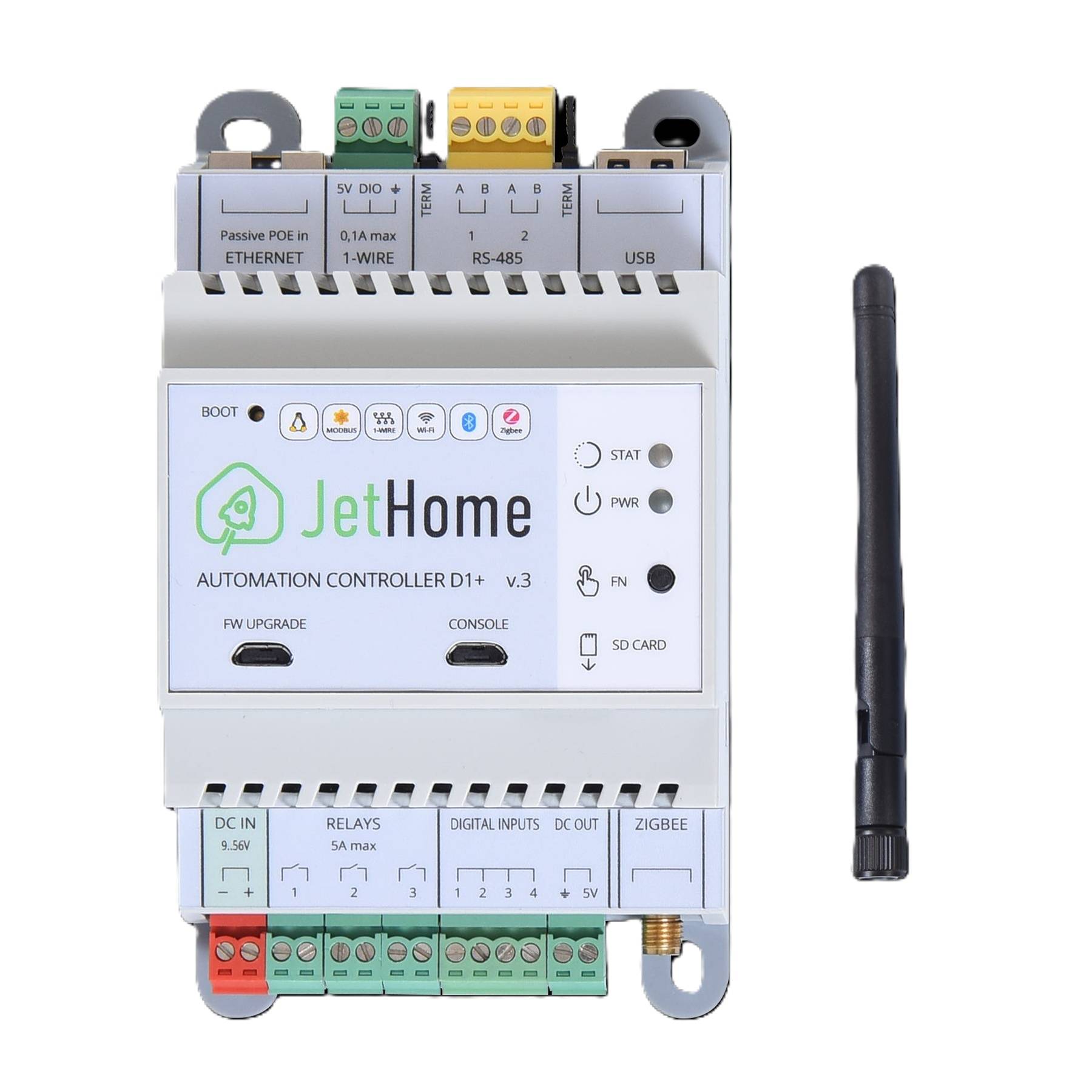 JetHome Automation Controller D1+ v3. Tragbarer Industrie-Controller mit Antenne, Status-LEDs, USB, Ethernet, Relais, Eingang und Zigbee-Anschlüssen.