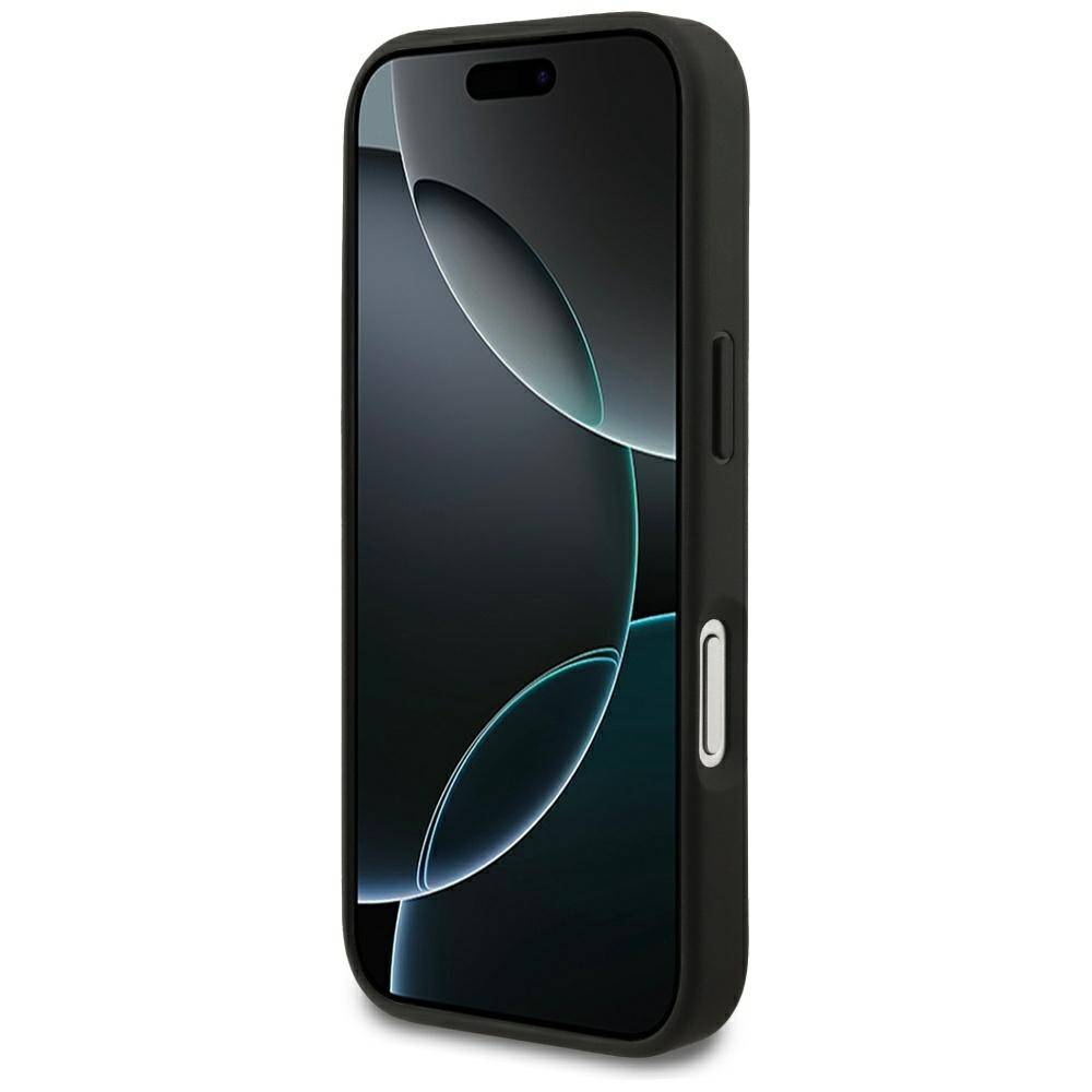 Schwarzes Smartphone mit schwarzem Schutzetui, Vorderansicht auf weißem Hintergrund.