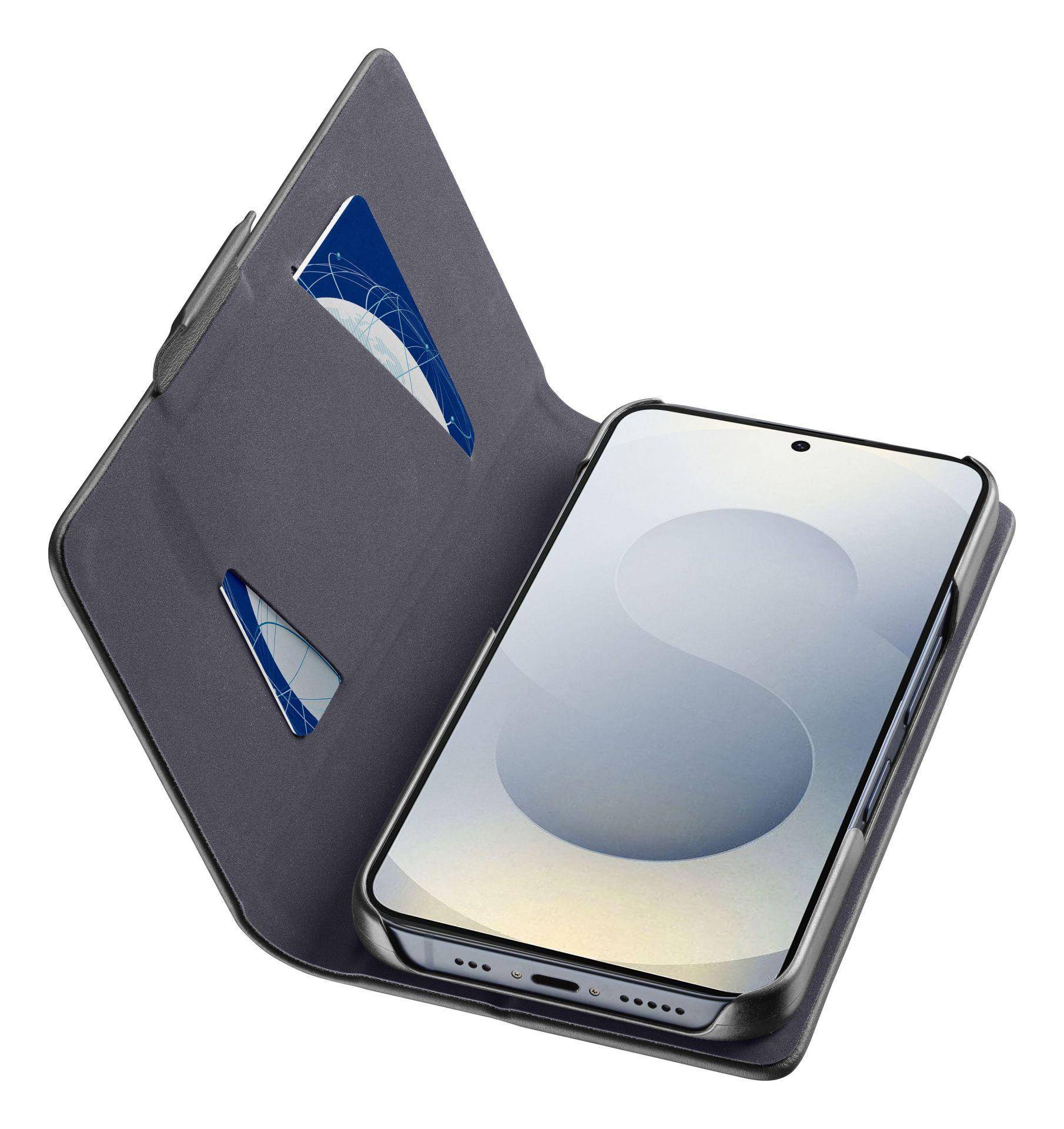 Smartphone in einem grauen Folio-Etui mit Kartensteckplätzen, aufgeklappt und flach liegend, mit sichtbarem Telefonbildschirm und nach hinten umgeklapptem Deckel.