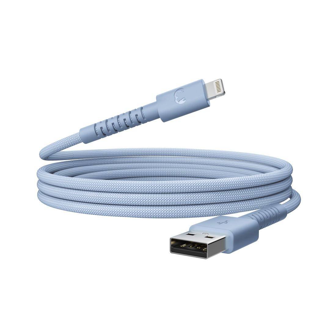 Hellblaues USB-Lightning-Ladekabel aufgerollt auf weißem Untergrund, mit sichtbaren USB-A- und Lightning-Steckern.