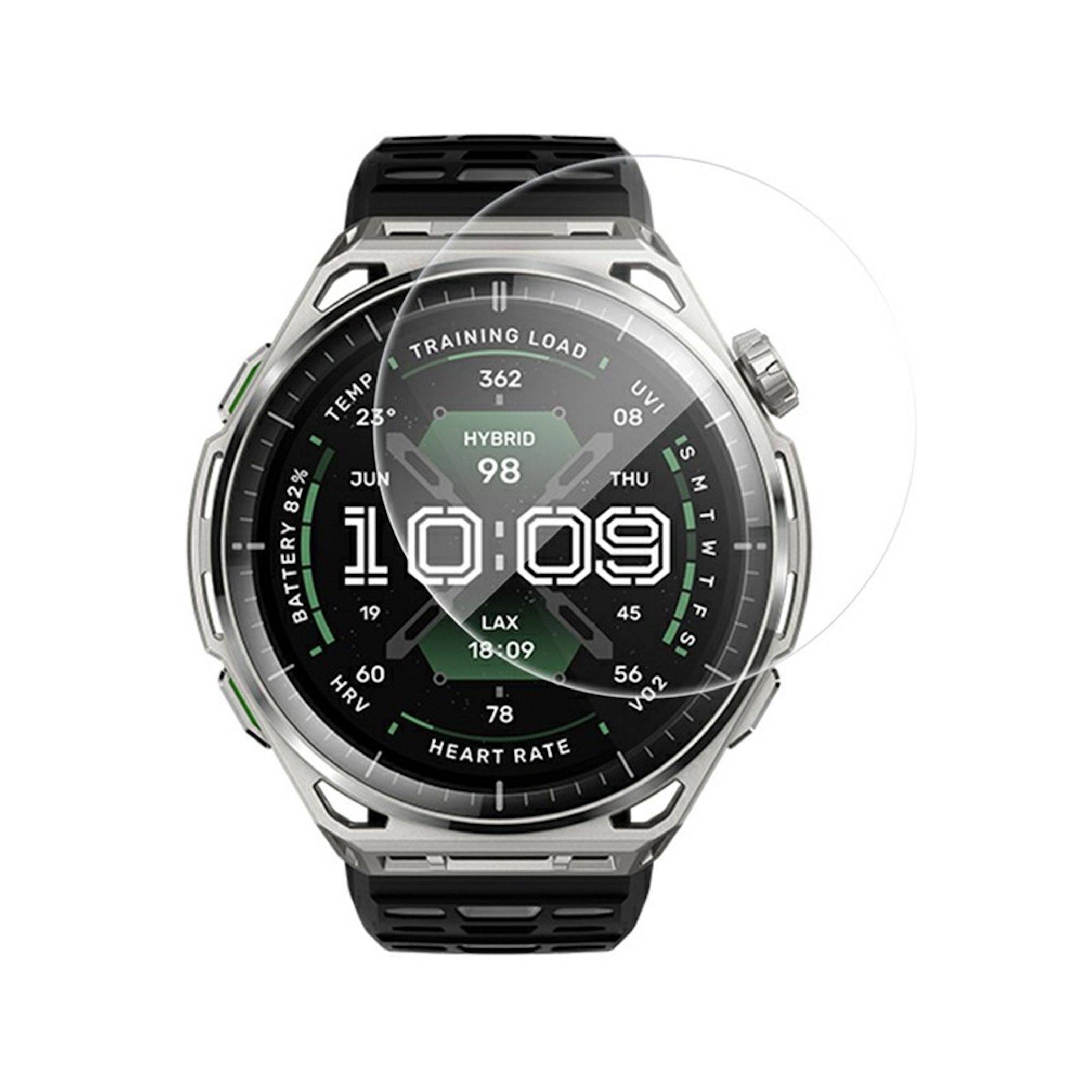 Runde Smartwatch mit schwarzem Armband, die ein hybrides digital-analoges Zifferblatt zeigt, Zeit 10:09 und Fitnessdaten wie Akkuladung, Herzfrequenz, Temperatur und Aktivität.