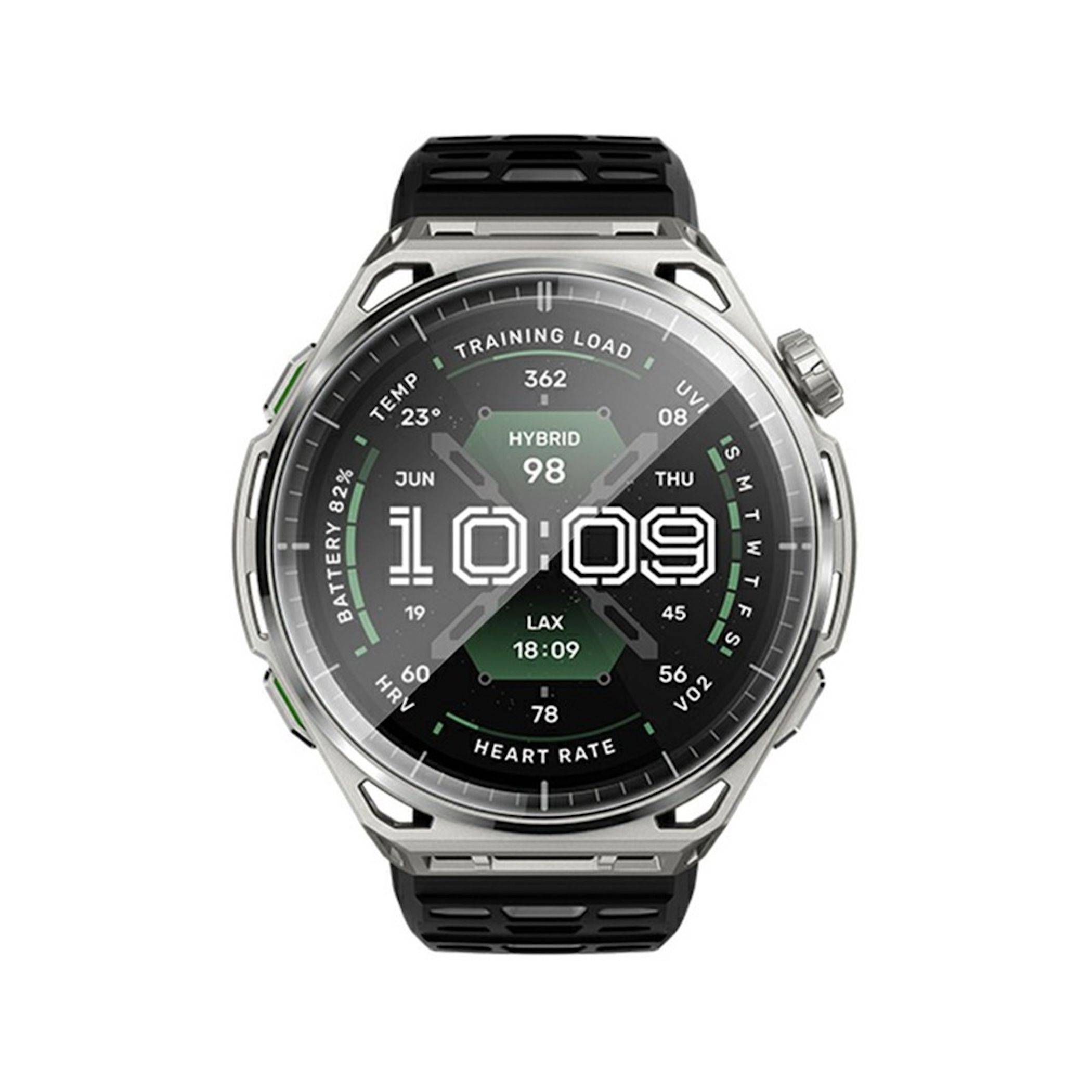 Schwarze und silberne Smartwatch mit rundem digitalen Display, das 10:09 anzeigt, Datum „11. JUN DO