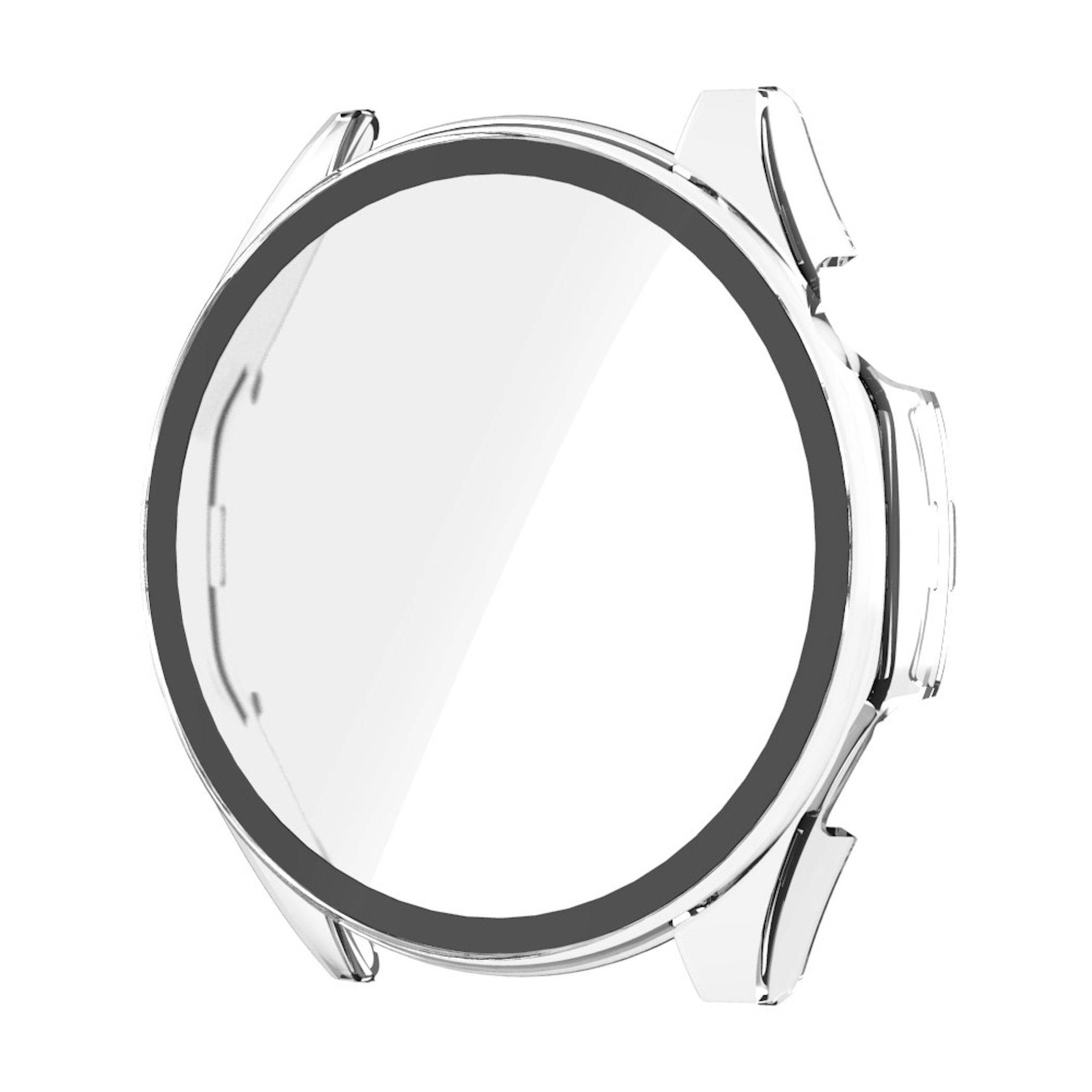 Nahaufnahme eines runden silbernen Smartwatch-Gehäuses mit schwarzer Lünette auf weißem Hintergrund, ohne Armband dargestellt.