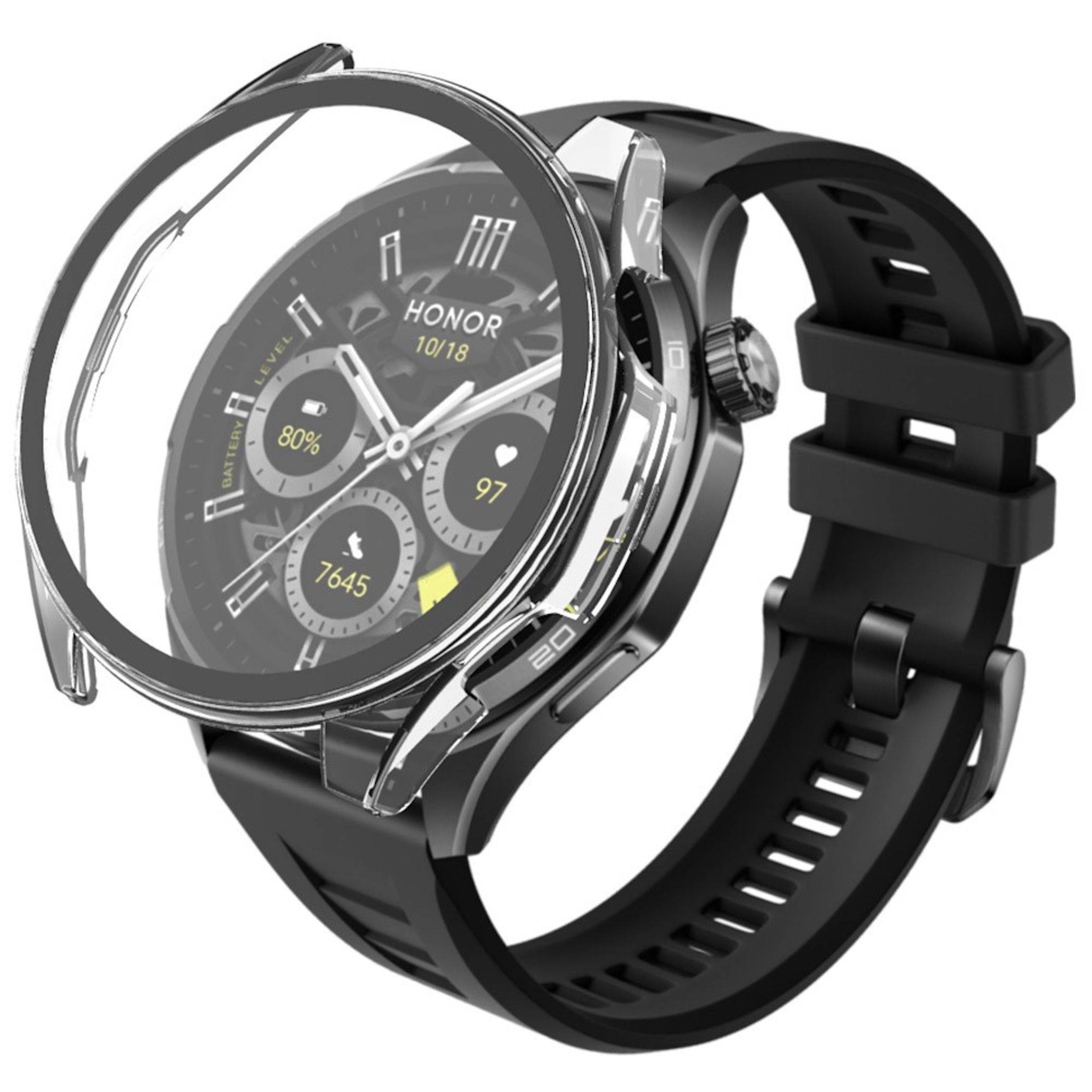 Schwarze HONOR-Smartwatch mit rundem analogem Display und schwarzem Silikonarmband auf weißem Hintergrund.