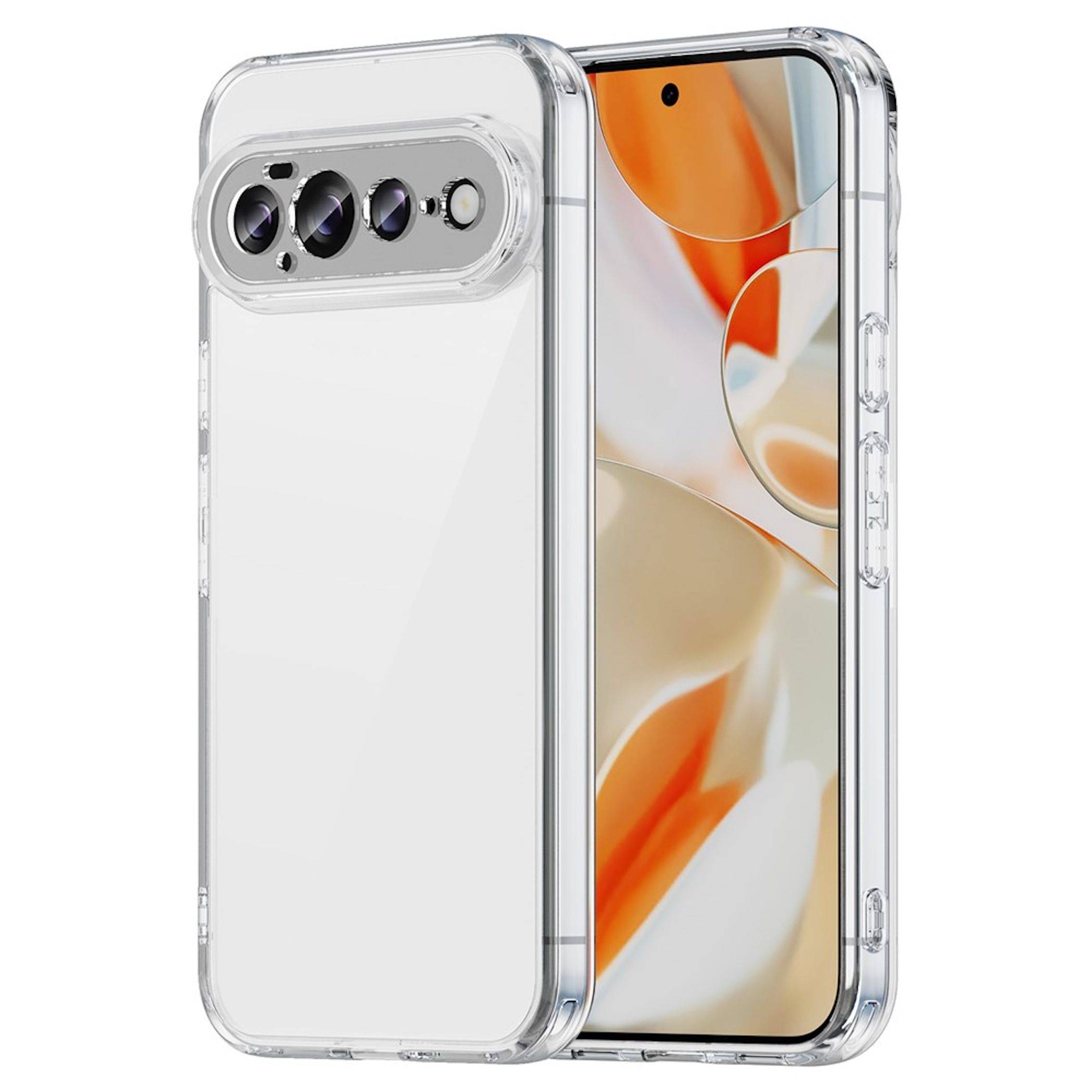 Zwei transparente Smartphone-Hüllen von vorne und hinten an einem Telefon gezeigt, mit Hervorhebung der Kameraausschnitte und des transparenten Schutzdesigns.