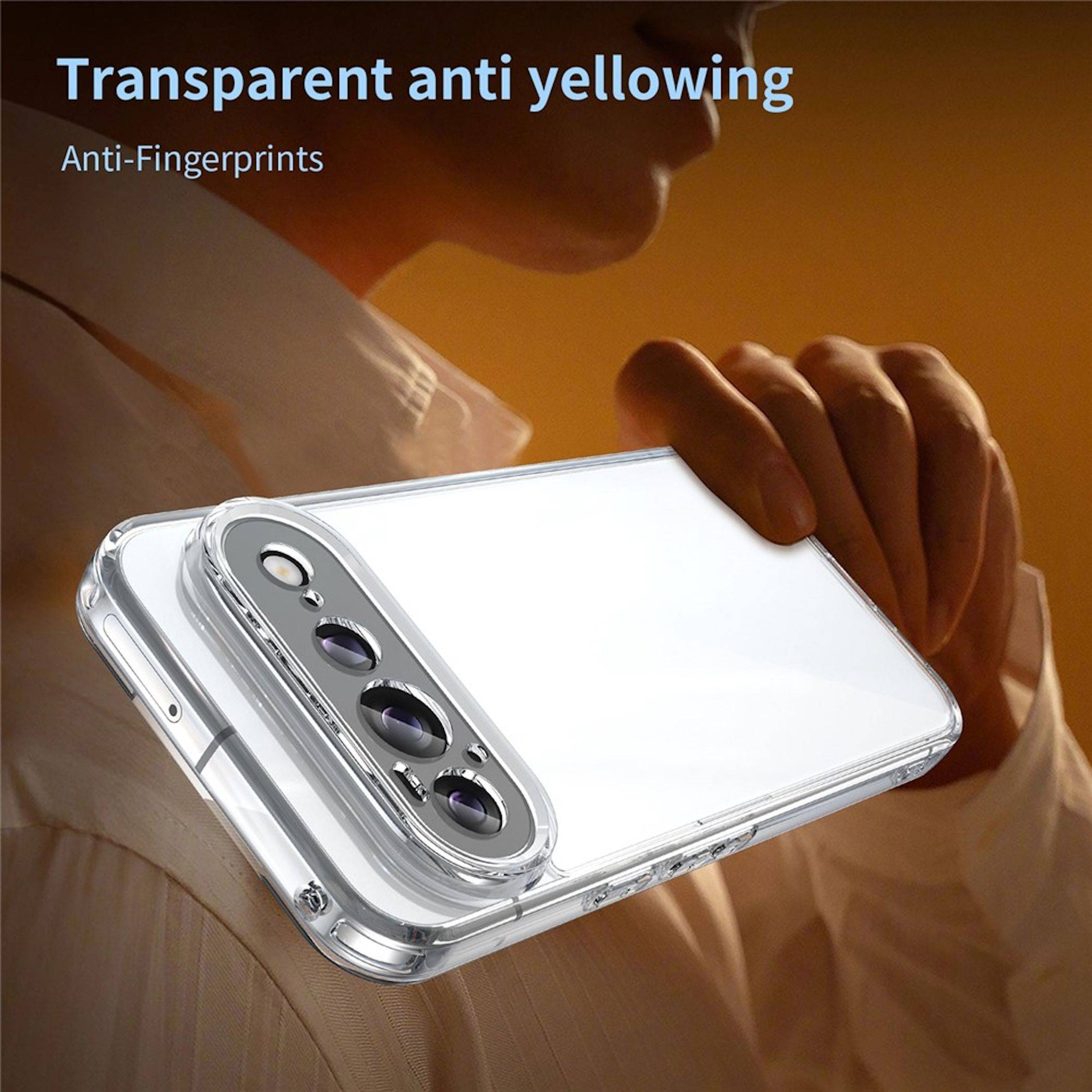 Werbebild eines transparenten Handyhülle auf einem Smartphone, beschriftet mit „Transparent gegen Vergilbung