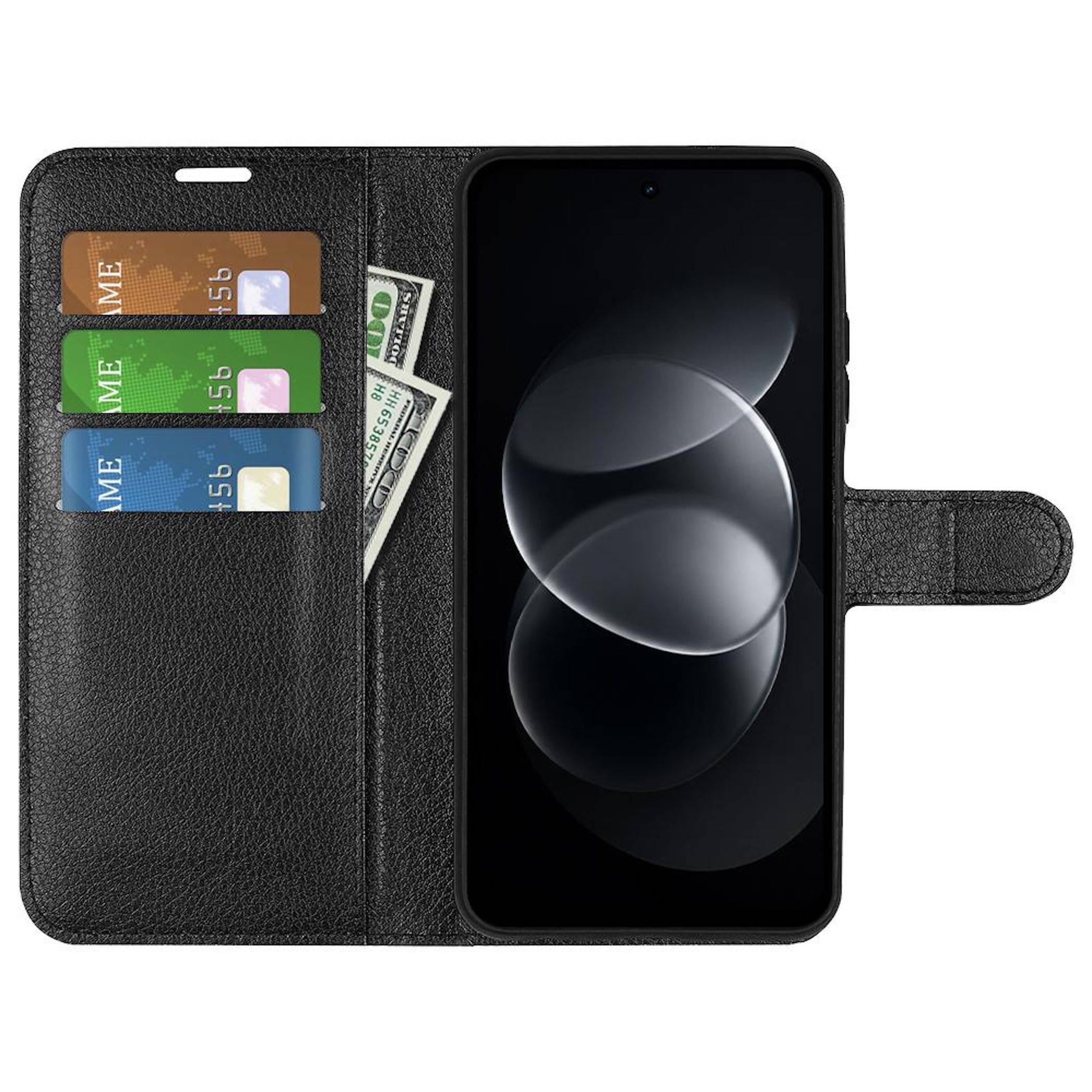 Schwarze Folio-Handyhülle, offen auf einem Smartphone, mit Kartensteckplätzen und Bargeld im Inneren; der Telefonbildschirm ist auf der rechten Seite sichtbar.