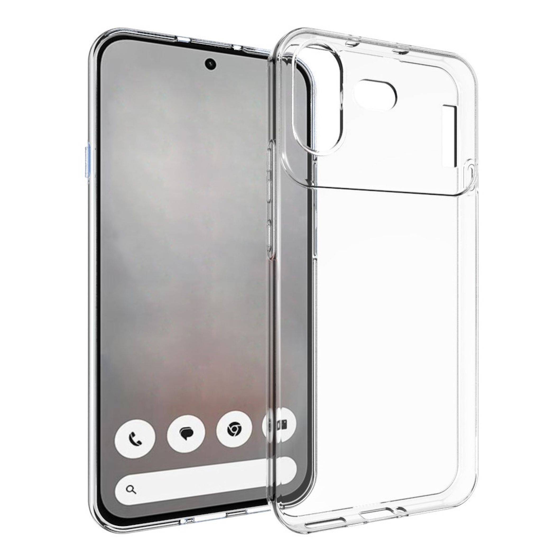 Transparente Handyhülle neben einem Smartphone abgebildet, die die durchsichtige Schutzhülle und die Kameraaussparung hervorhebt.