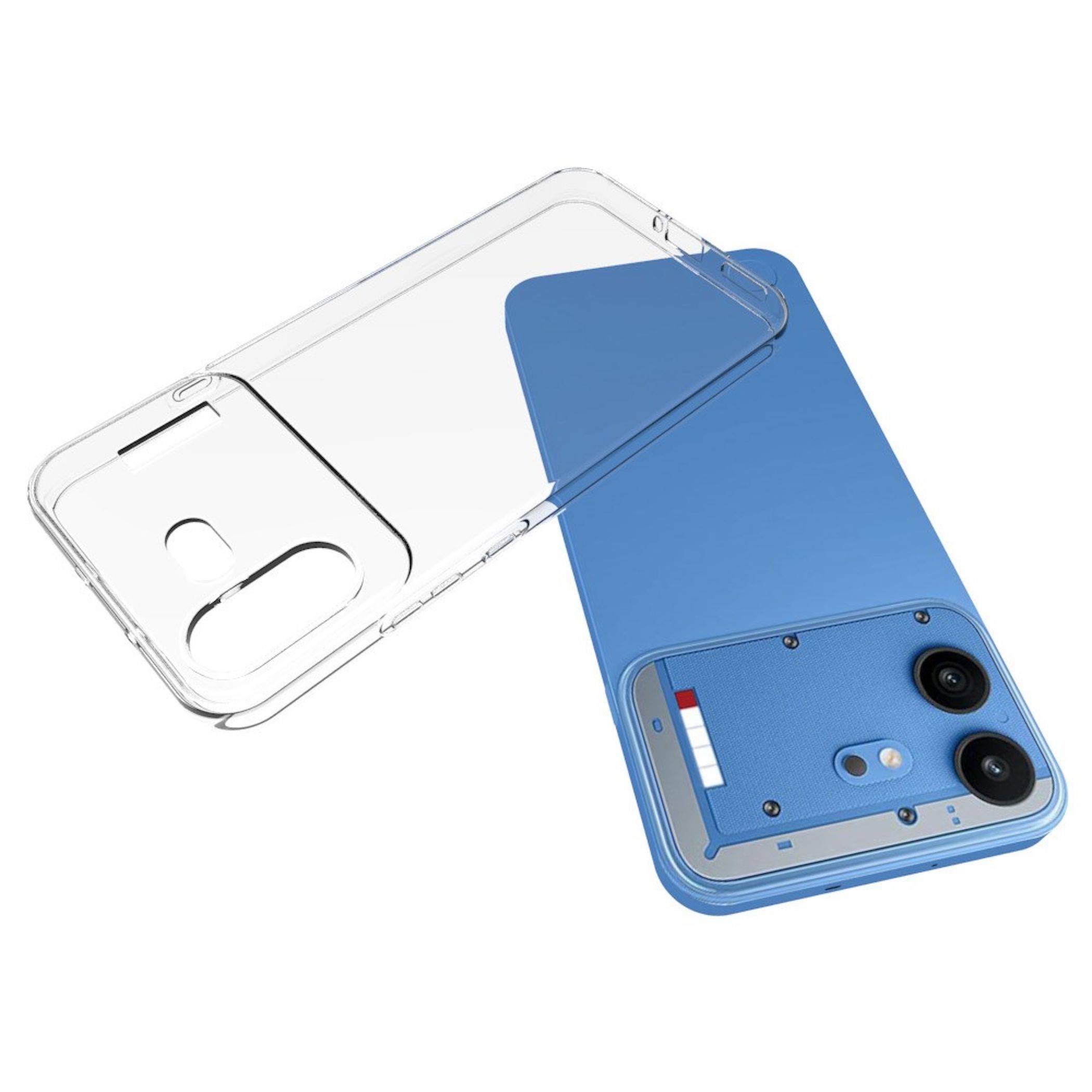 Blaues Smartphone mit einer transparenten Schutzhülle, die darüber ausgerichtet ist und die hintere Kamera und Tasten des Telefons zeigt.