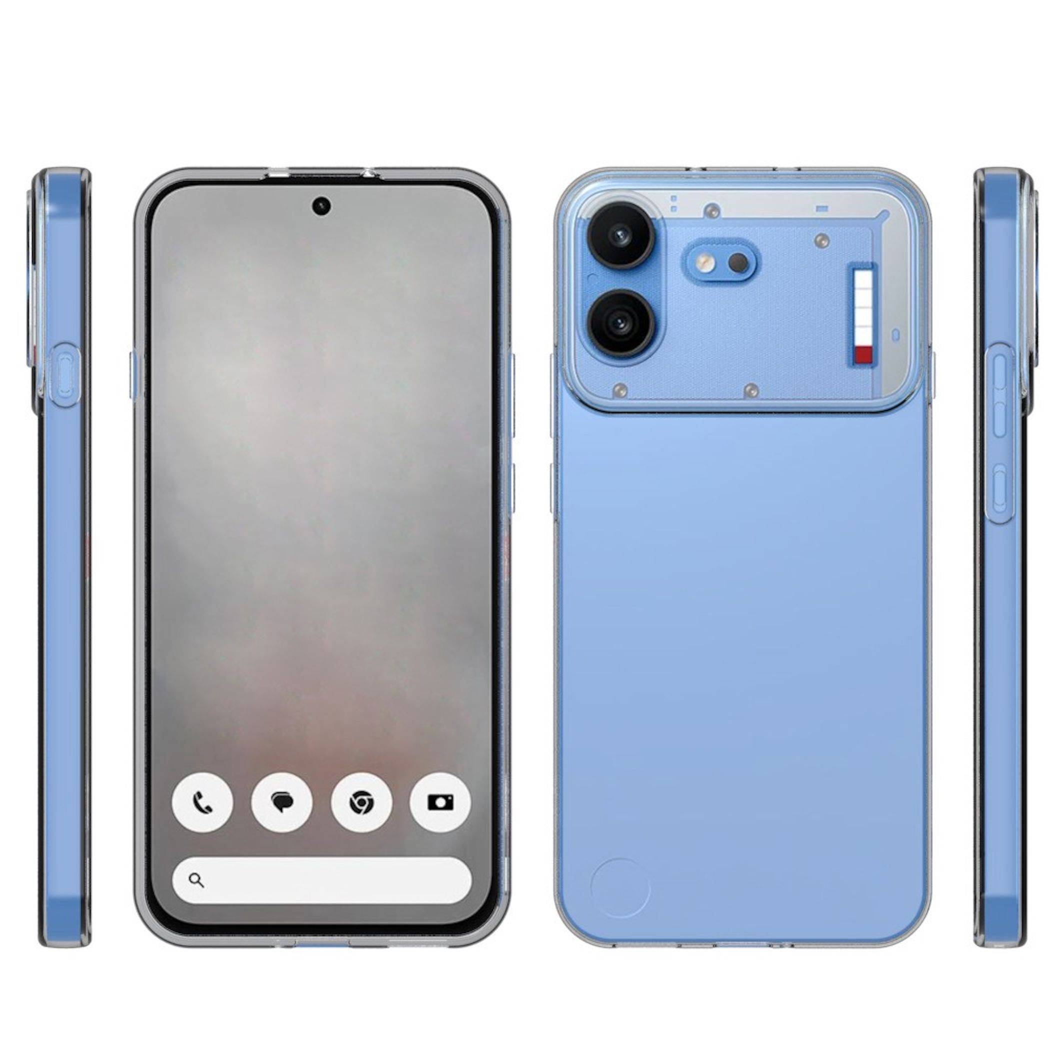 Hellblaues Smartphone von vorne, von hinten und von den Seiten gezeigt mit einem großen Dual-Kamera-Modul und transparenter Schutzhülle.