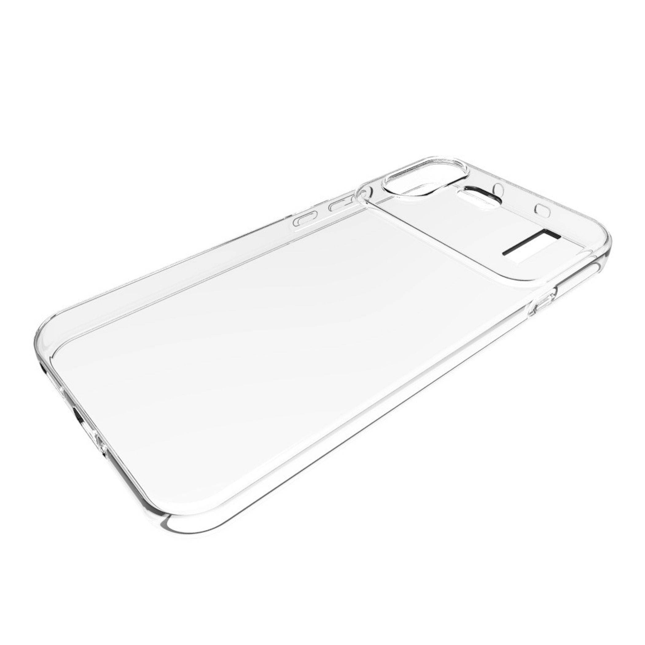 Durchsichtige transparente Smartphone-Schutzhülle im Winkel auf weißem Hintergrund dargestellt, mit Ausschnitten für die Kamera und Tasten.