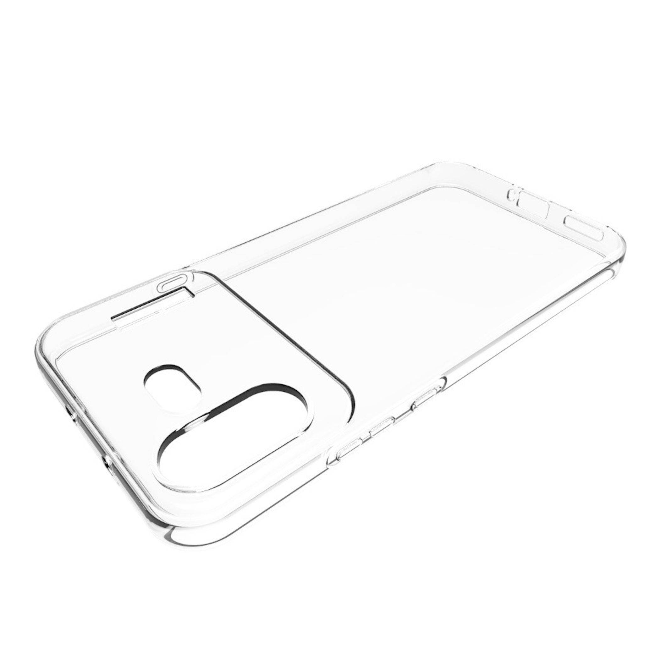 Transparente, durchsichtige Smartphone-Hülle mit Ausschnitt für die rückseitige Kamera und Tasten auf weißem Hintergrund.