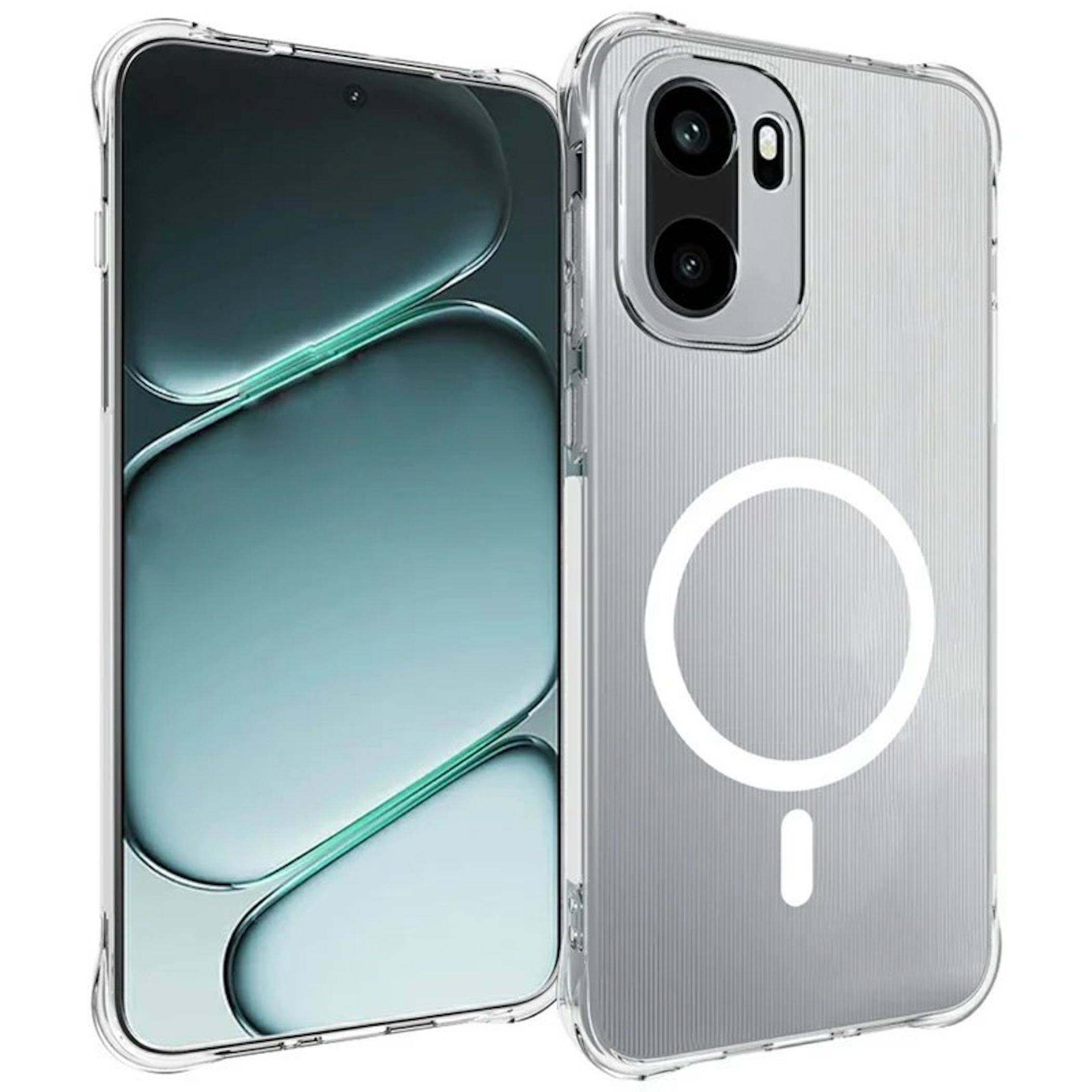 Zwei Ansichten eines silbernen Smartphones in einer transparenten Hülle, die den Vorderbildschirm und die Rückseite mit Doppelkameras und einem weißen MagSafe-ähnlichen Ladering zeigen.