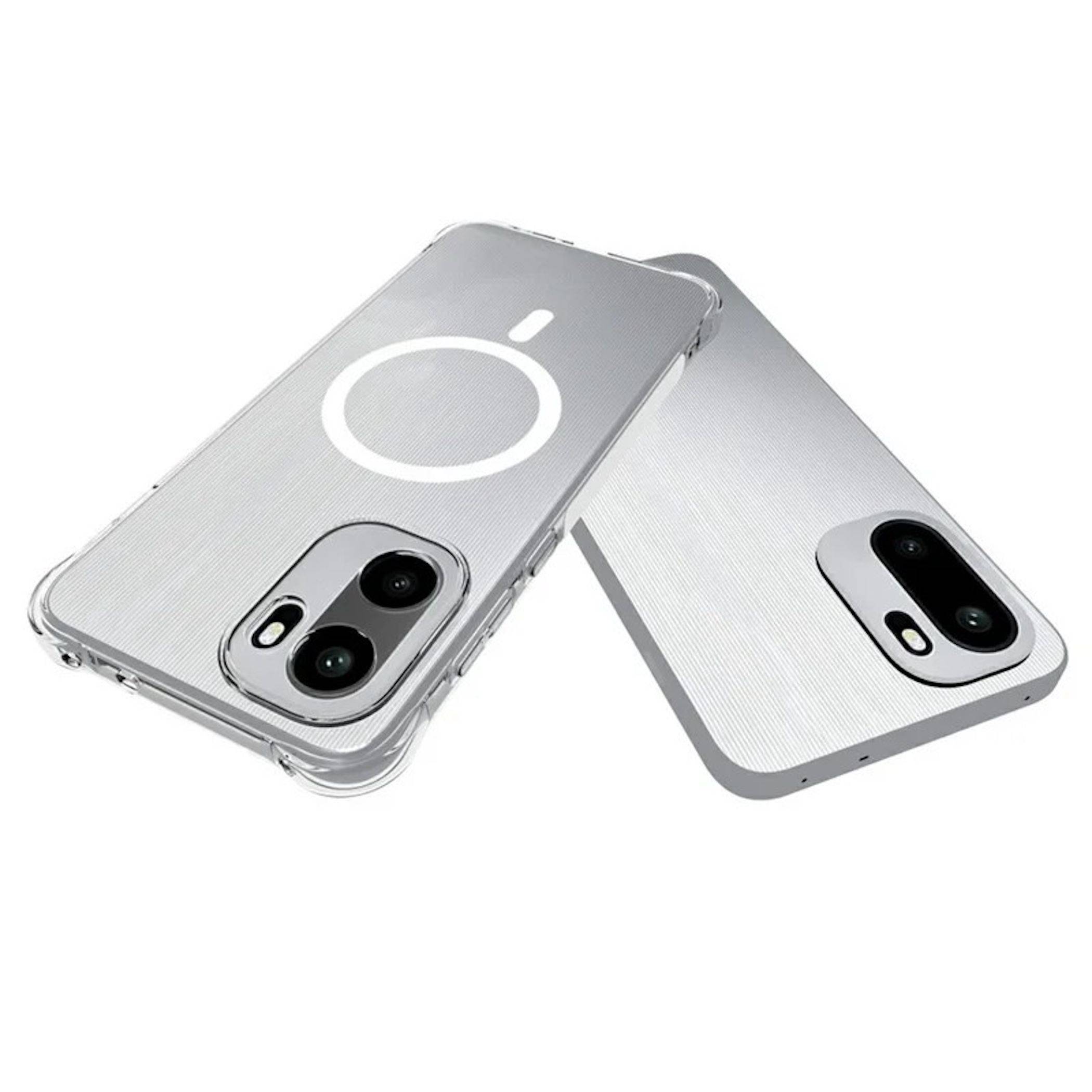 Zwei silberne Smartphone-Hüllen von vorne und hinten gezeigt, mit klaren Schutzrändern und Kameraausschnitten mit einem großen weißen Kreissymbol auf einer Hülle.