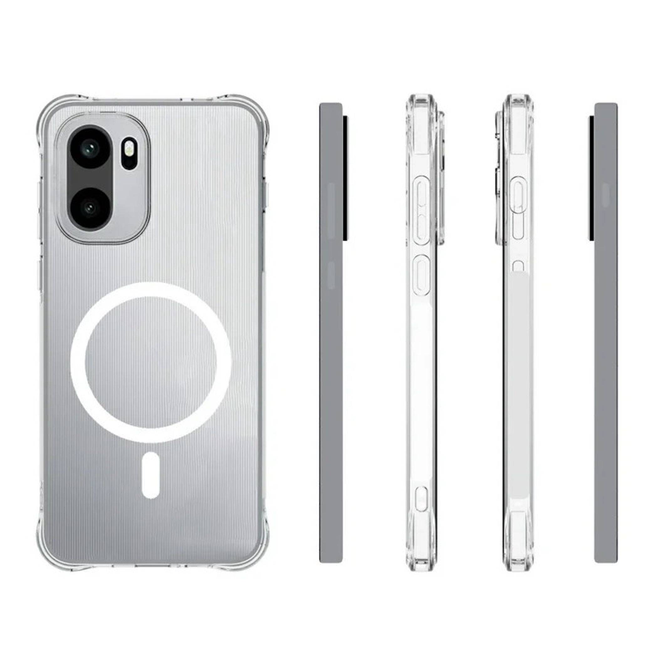 Durchsichtige iPhone-Hülle mit weißem MagSafe-Ladering, gezeigt in Vorder- und Seitenansicht auf weißem Hintergrund.