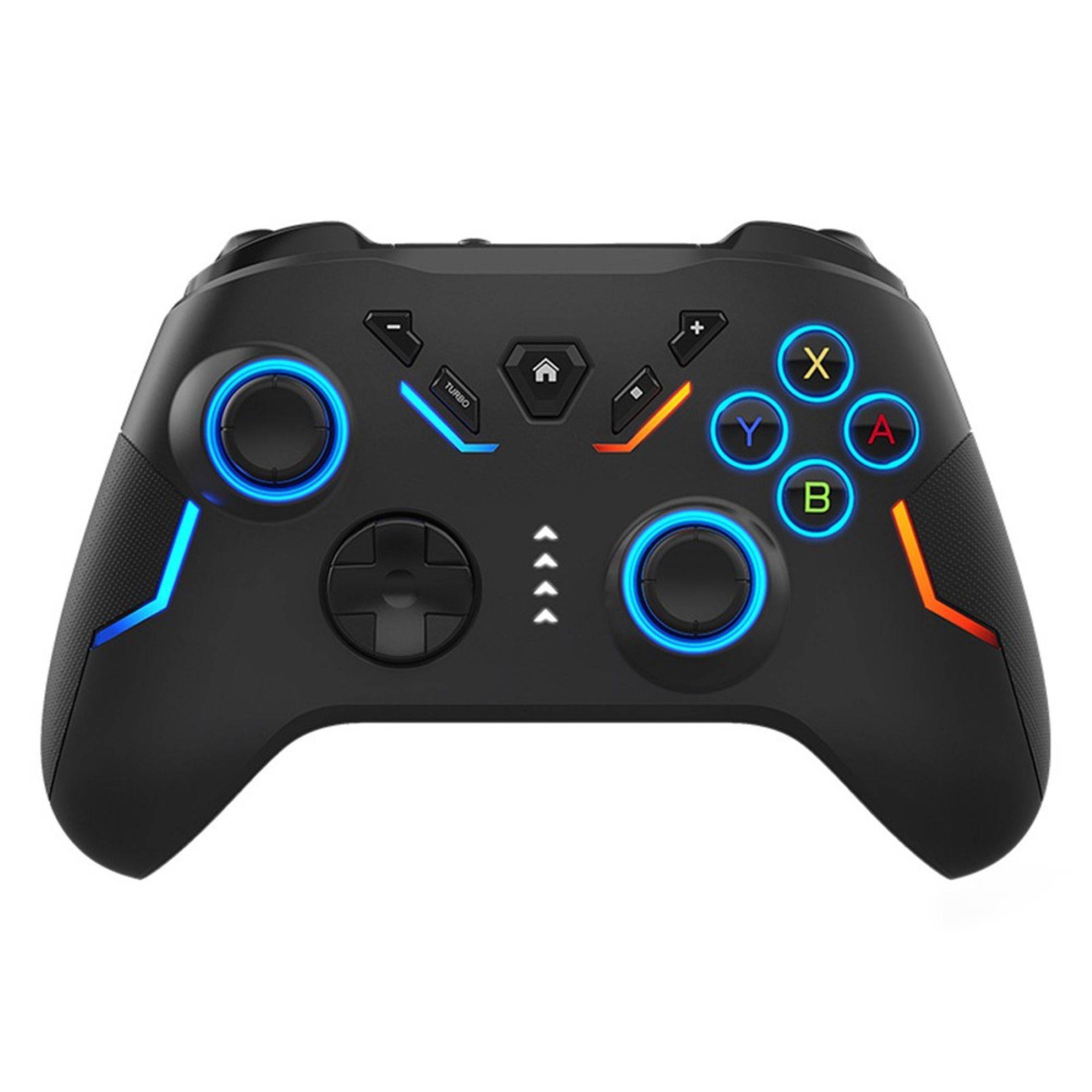 Schwarzer Gaming-Controller mit blauem und orangefarbigem Lichtakzenten, mit Dual-Analog-Sticks, D-Pad und ABXY-Tasten.