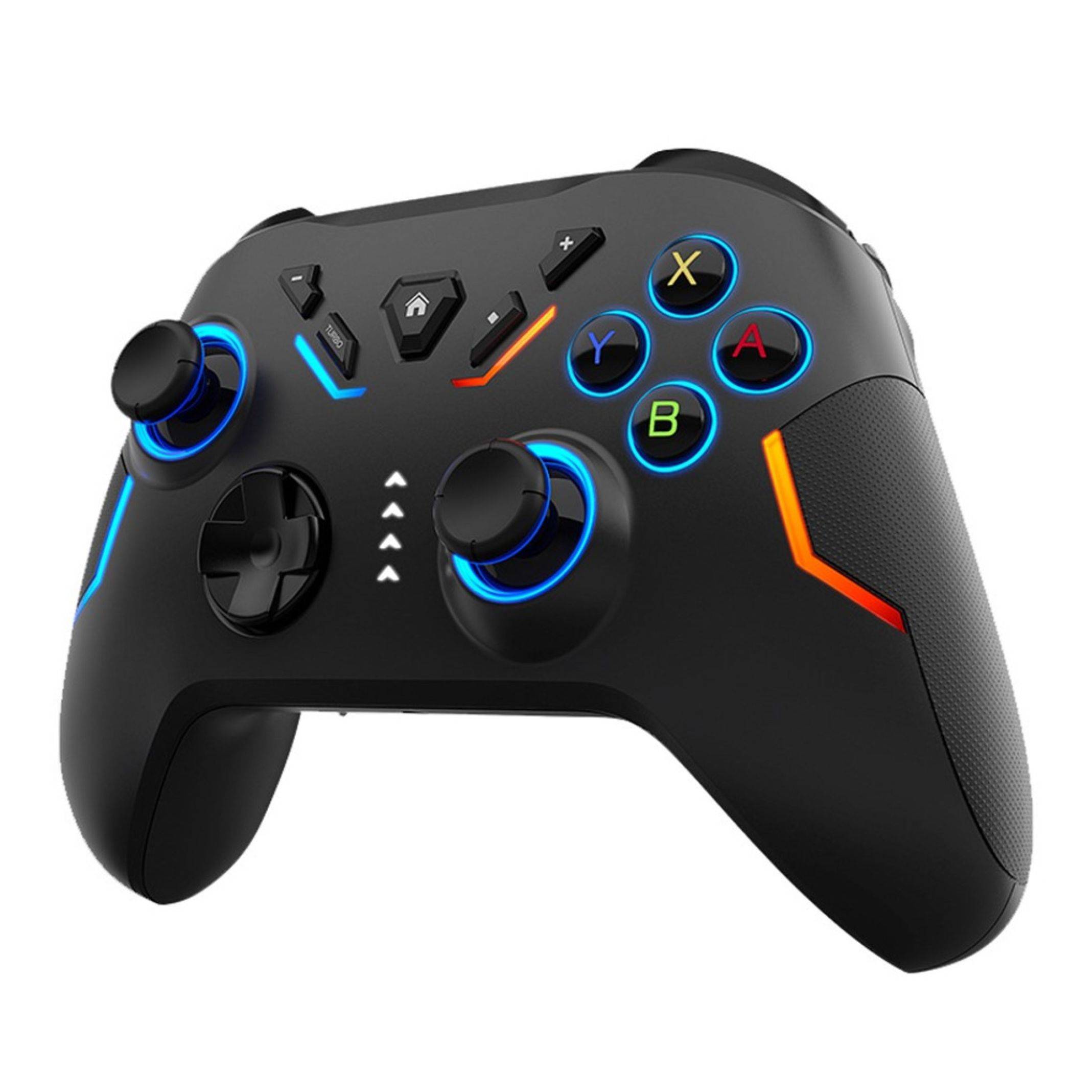 Schwarzer kabelloser Spielcontroller mit blauen und orangefarbenen LED-Akzenten, doppelten analogen Sticks, Steuerkreuz und beschrifteten ABXY-Tasten