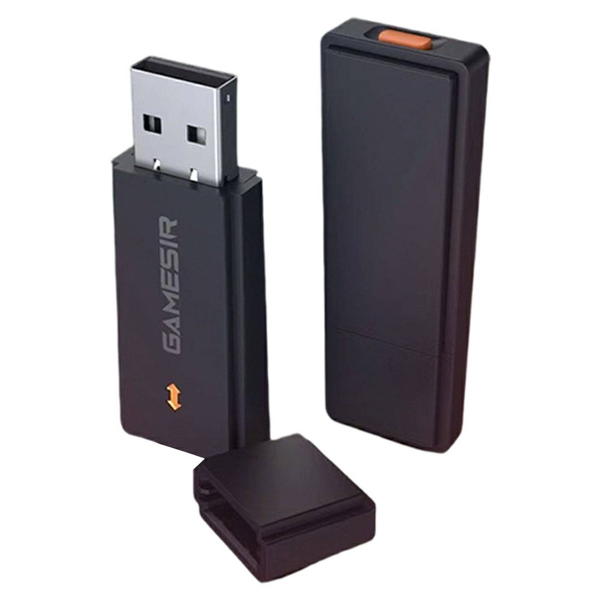 Schwarzer USB-Stick mit entfernter Kappe, der den Metall-USB-Anschluss und den orangefarbenen Schieberegler zeigt, sowie die daneben liegende abgelöste Kappe.