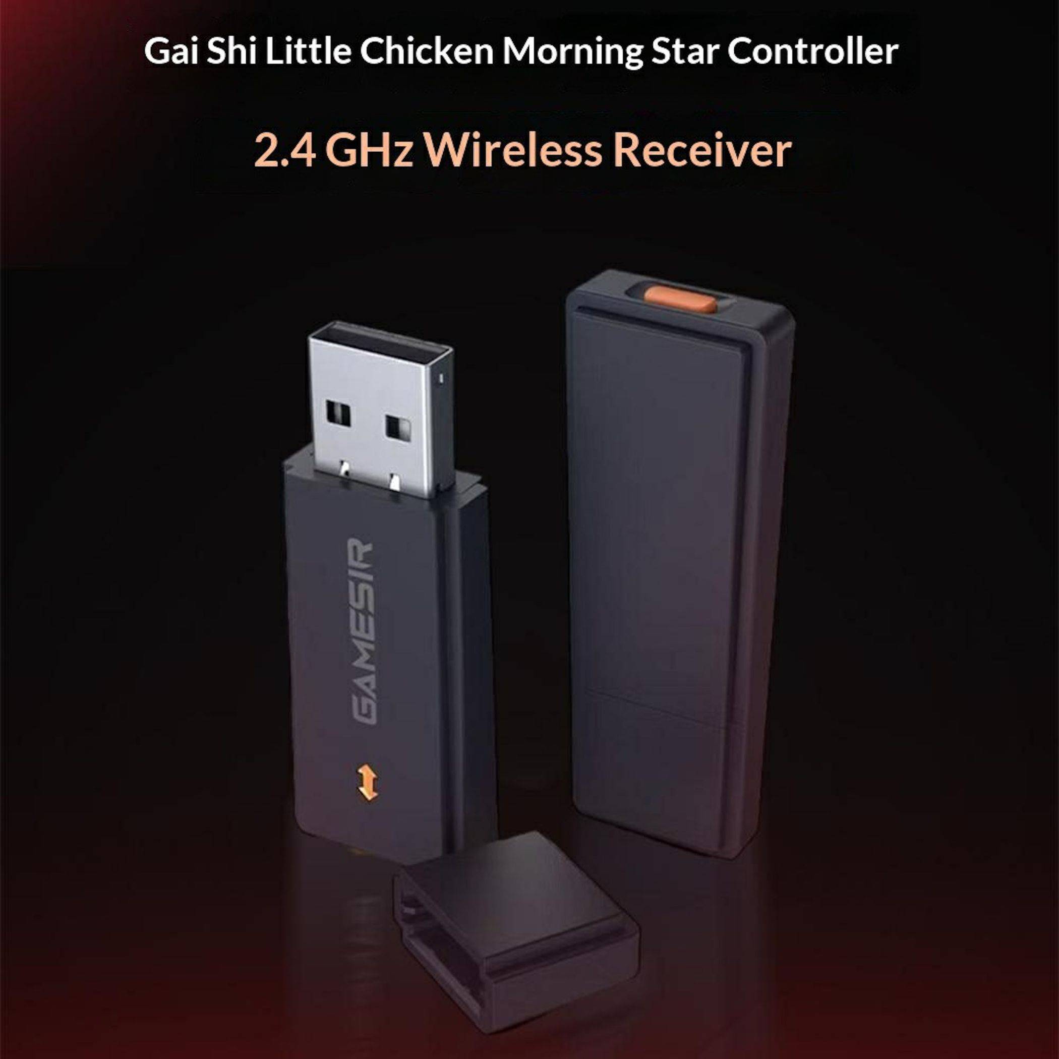 Produktabbildung eines "Gai Shi Little Chicken Morning Star Controller"" 2,4-GHz-Wireless-Empfängers, der einen USB-Dongle, einen schlanken Sender und ein kleines Zubehörgehäuse auf dunklem Hintergrund zeigt.