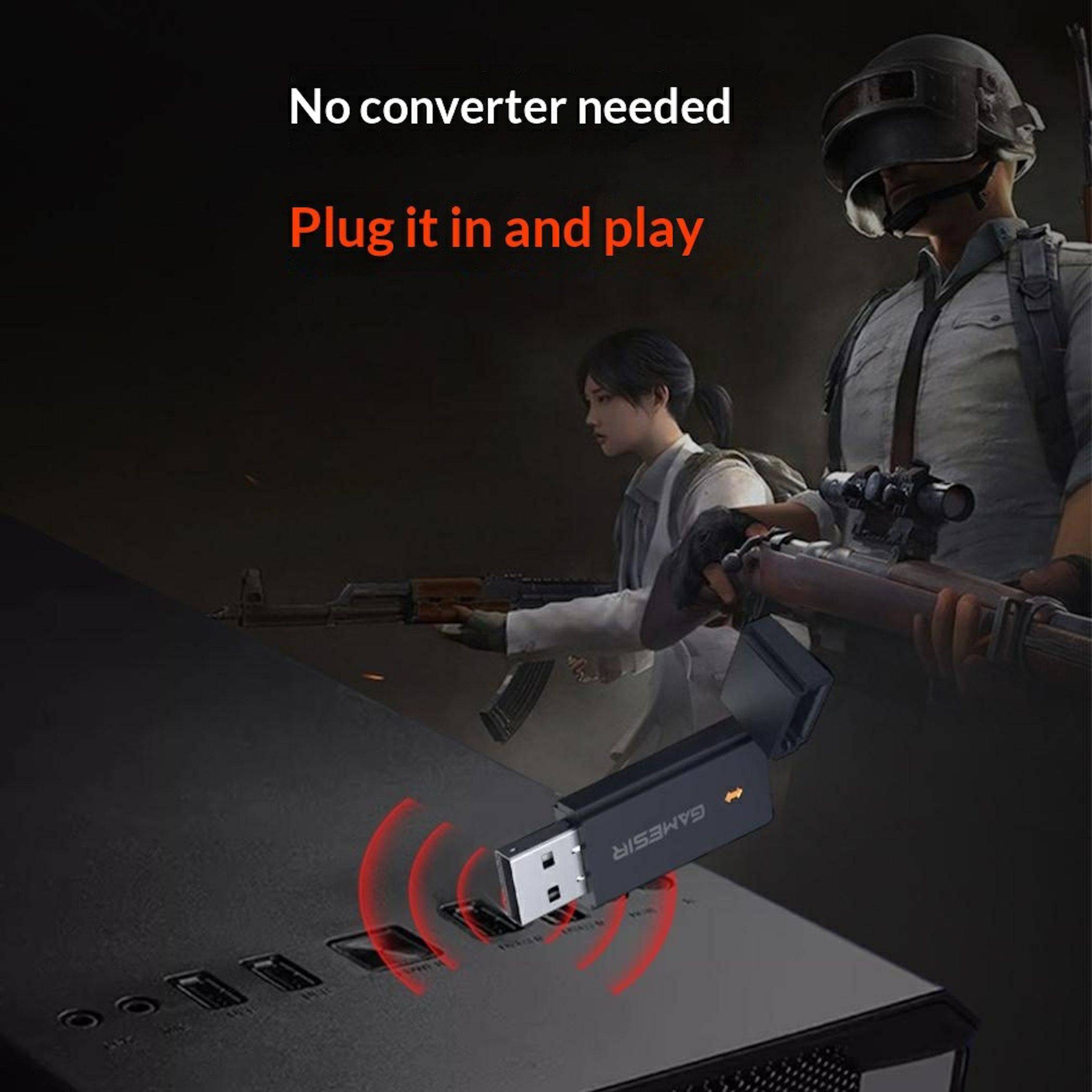 Werbegrafik, die einen drahtlosen USB-Adapter neben einer Spielkonsole mit zwei bewaffneten Spielfiguren zeigt; der Text lautet „Kein Converter erforderlich" und „Einstecken und spielen"".