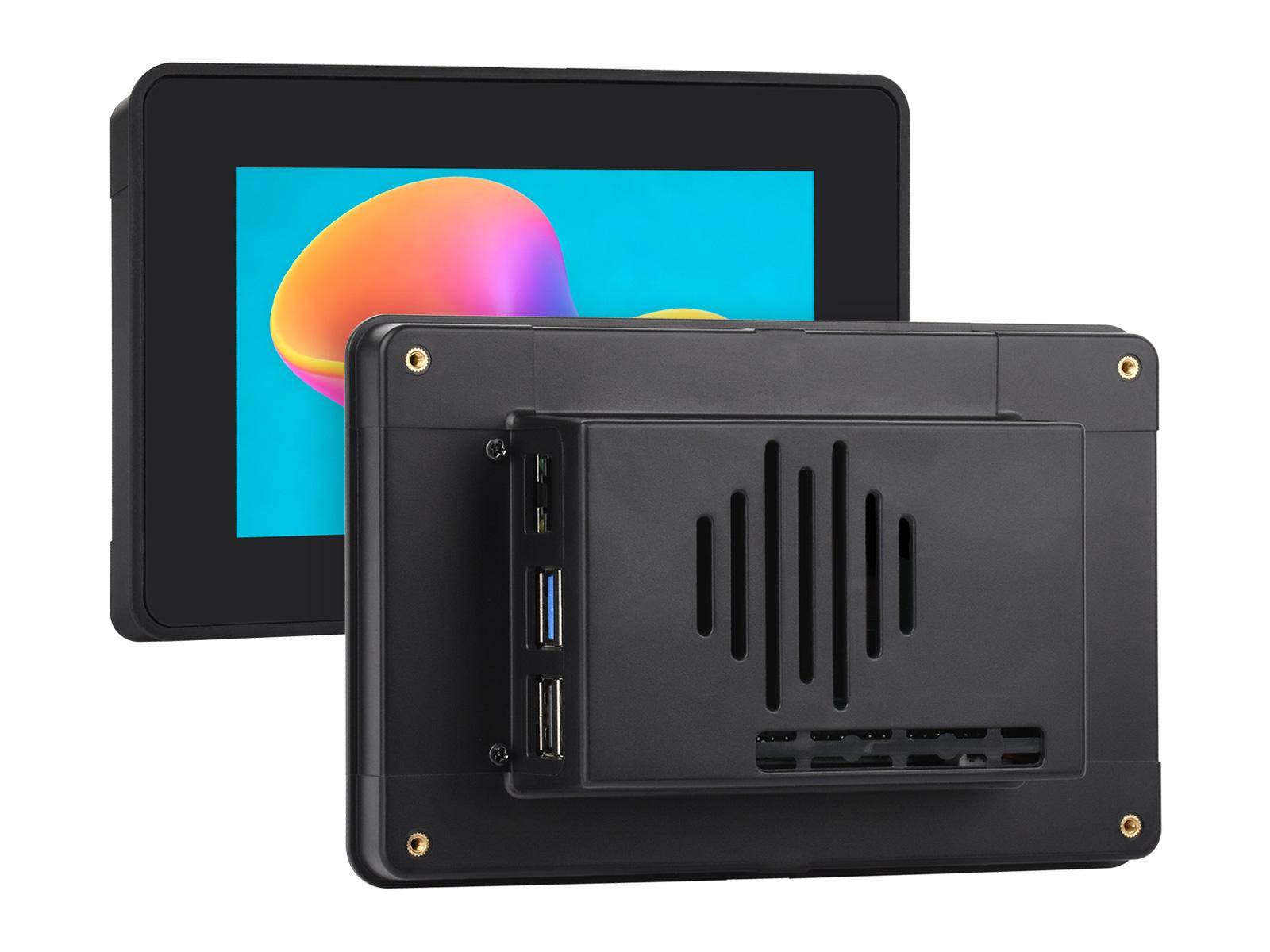 Schwarzer industrieller Touchscreen-Panel-Computer, von vorne und hinten gezeigt, mit farbigem Display und belüftetem Montagepanel auf der Rückseite.