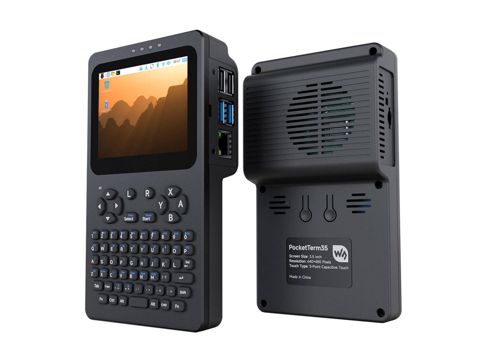 Kompakter PocketTerm35 tragbarer Linux-Computer, von vorne und hinten gezeigt, mit kleinem Bildschirm, Tastatur, Anschlüssen und hinterer Belüftungs-/Lautsprecheröffnung.