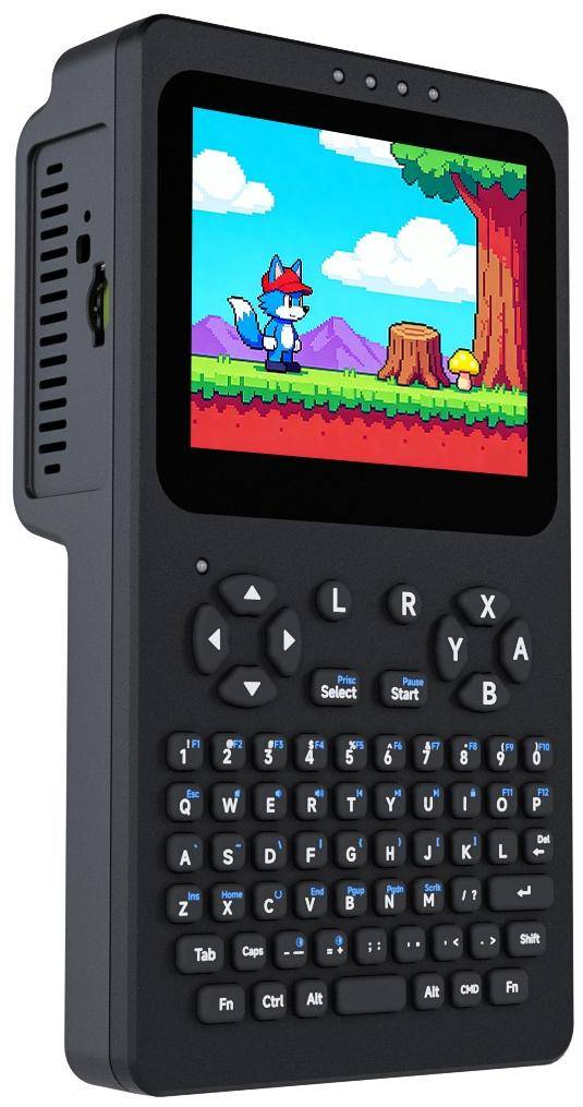 Tragbares Retro-Spielgerät mit Bildschirm, das ein farbenfrohes Seiten-Scrolling-Platformspiel zeigt, mit einer Figur in der Nähe eines Baumstumpfs und Pilzen.