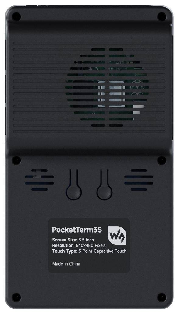 Rückansicht eines tragbaren PocketTerm35-Geräts mit belüftetem Lautsprechergitter, Etiketten mit 3,5-Zoll-Bildschirm, 640x480-Auflösung und 5-Punkt-Kapazitivtouchscreen.
